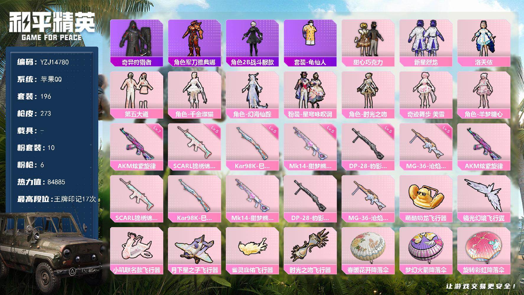 和平精英账号苹果QQYZJ14780-可二次-苹果Q-1稀有10粉装6特效枪7热门【精品女号 巧克力三姐妹 羊梦糖心 第