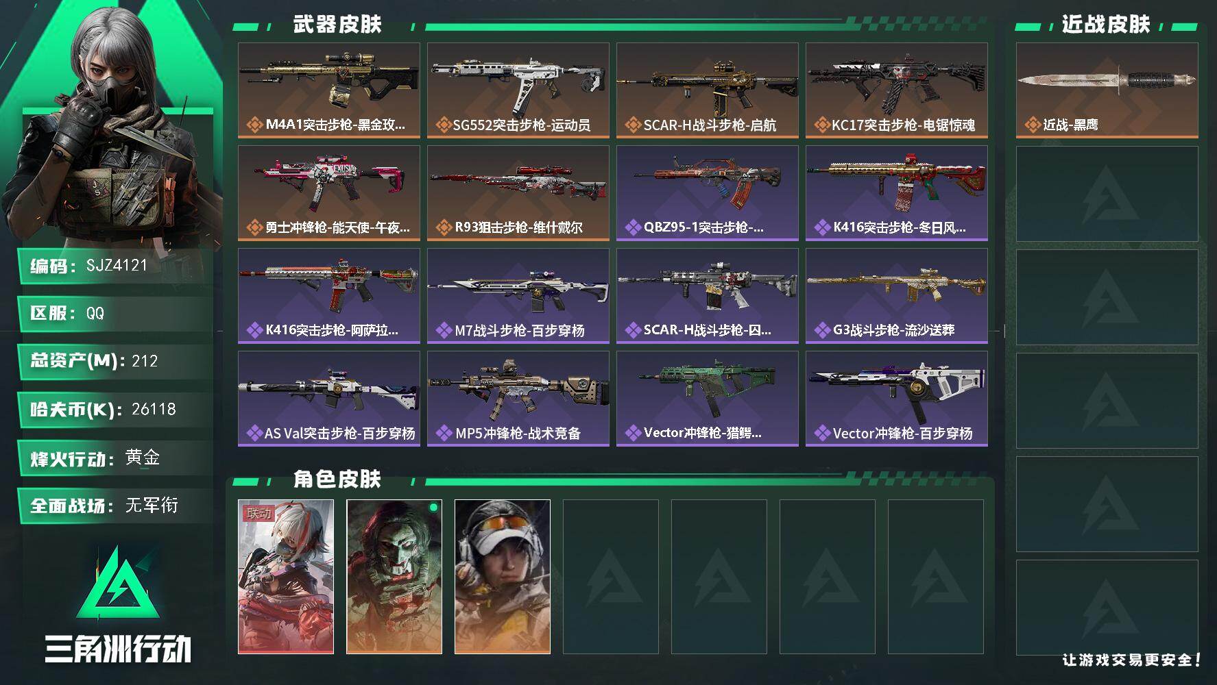 三角洲行动账号QQ【SJZ4121】总资产(M)：212M/哈夫币(K)：26118K/哈夫币(K)：26118K/传说枪皮数：6/全面战场等级：1_段位：无段位/烽火地带等级：60_段位：黄金/骇爪-维什戴尔/红狼