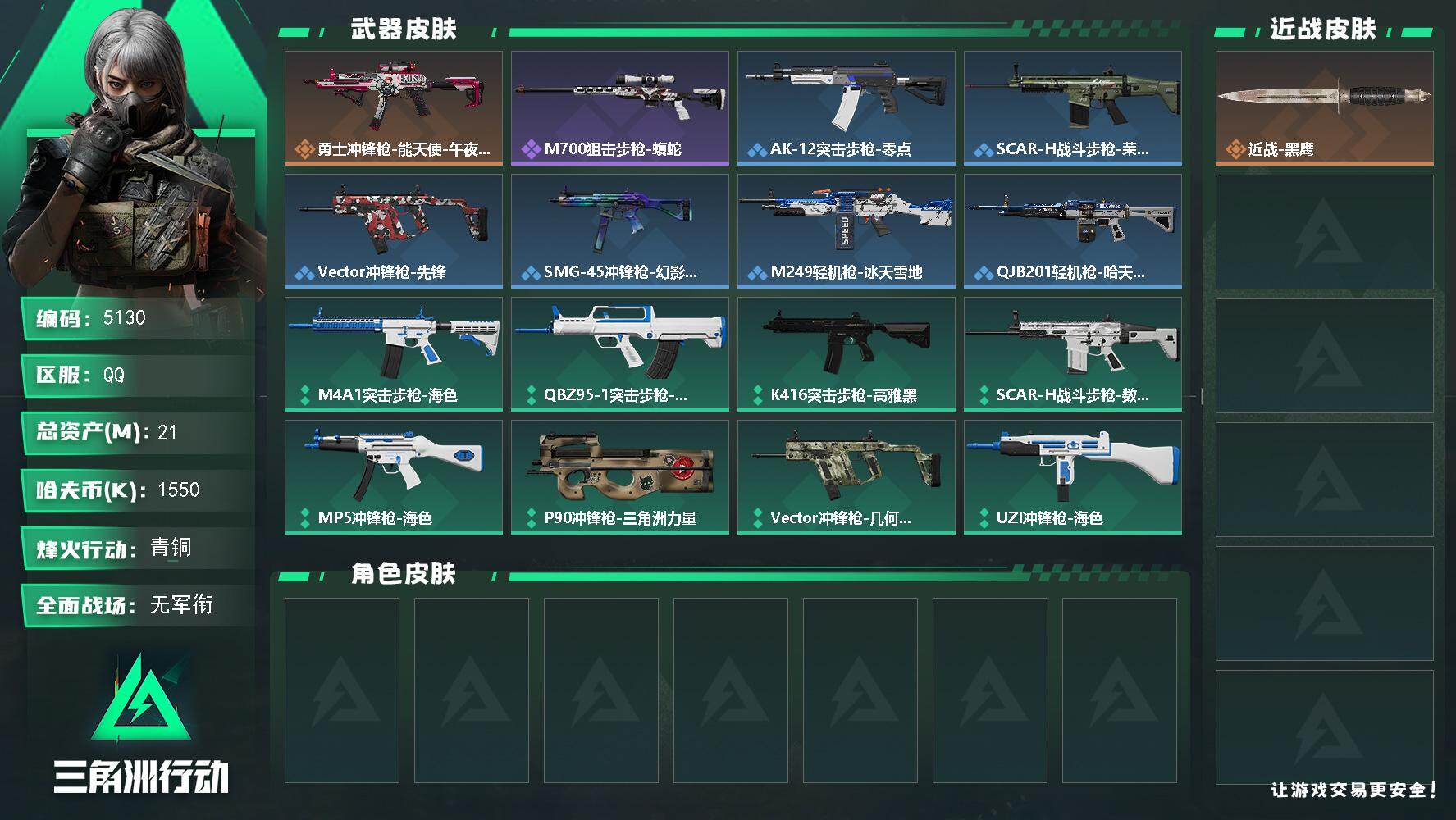 三角洲行动账号QQ总资产(M)：21M/哈夫币(K)：1550K/哈夫币(K)：1550K/传说枪皮数：1/全面战场等