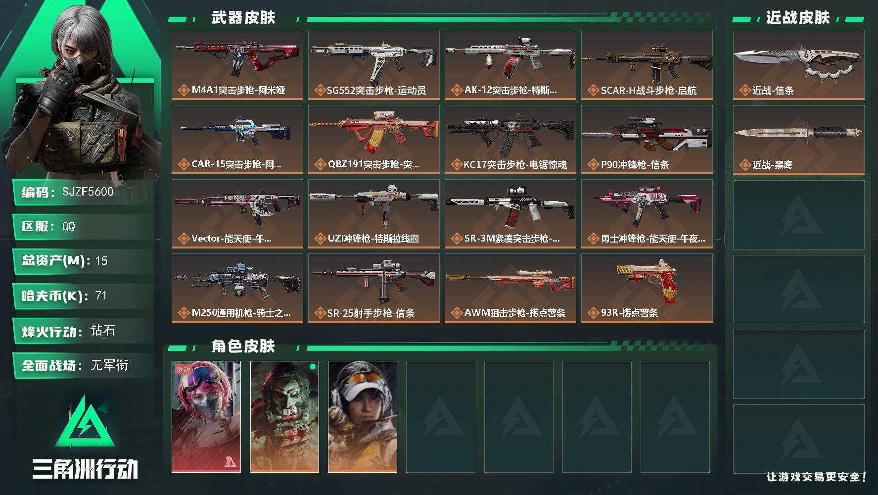 三角洲行动账号QQ【SJZF5600】总资产(M)：15M/哈夫币(K)：71K/哈夫币(K)：71K/传说枪皮数：16/全面战场等级：1_段位：无段位/烽火地带等级：60_段位：钻石/蛊-能天使午夜邮差/红狼-电锯