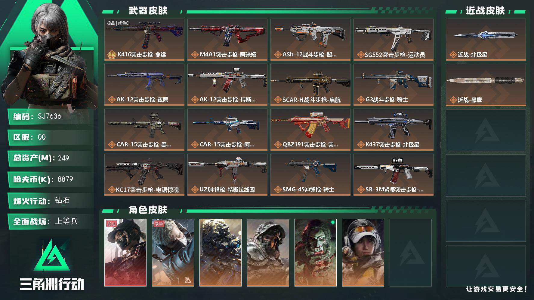 三角洲行动账号QQ【SJ7636】总资产(M)：249M/哈夫币(K)：8879K/哈夫币(K)：8879K/传说枪皮