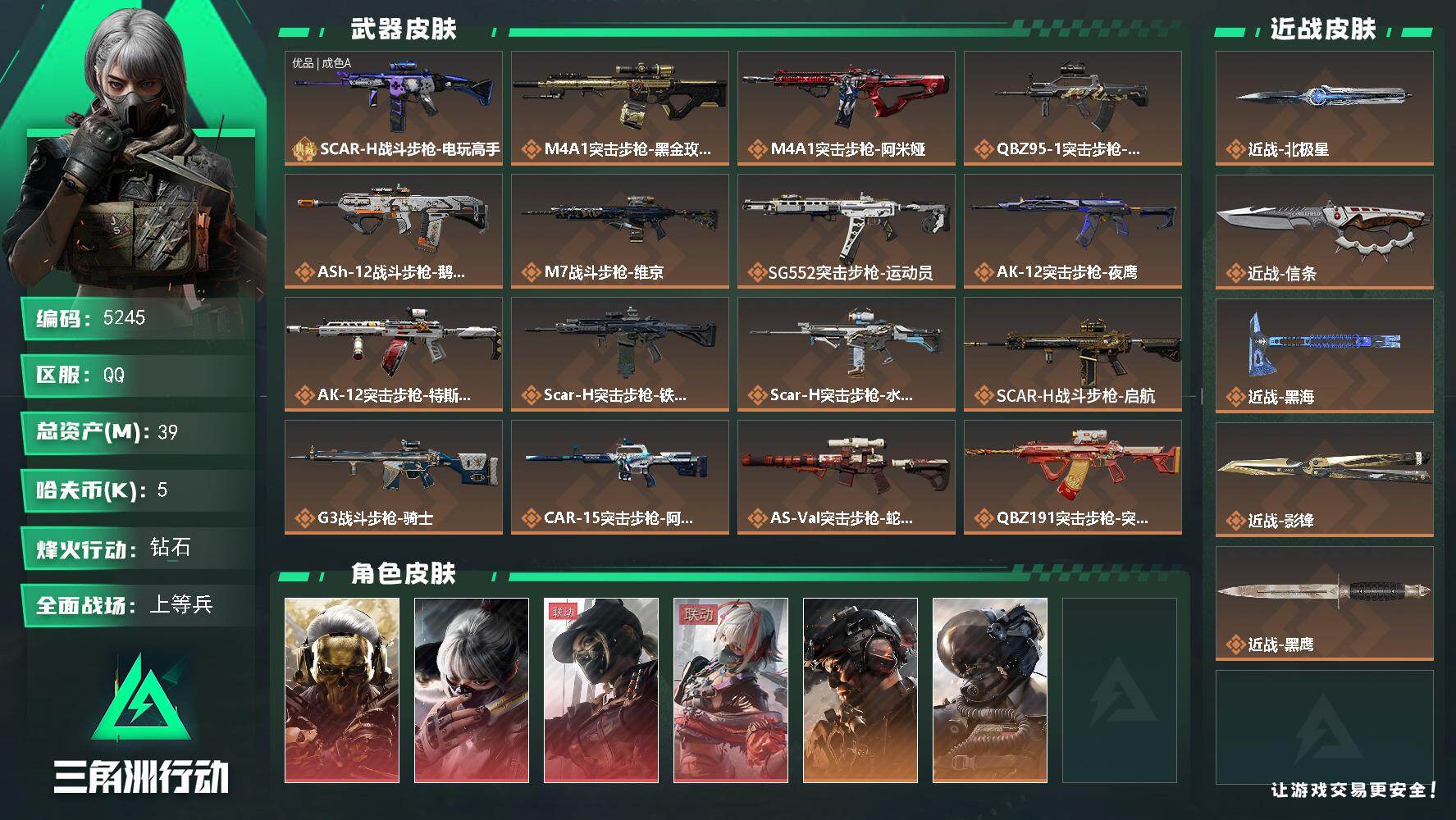 三角洲行动账号QQ总资产(M)：39M/哈夫币(K)：5K/哈夫币(K)：5K/传说枪皮数：38/全面战场等级：50_
