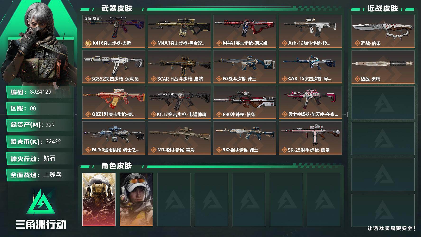 三角洲行动账号QQ【SJZ4129】总资产(M)：229M/哈夫币(K)：32432K/哈夫币(K)：32432K/传说枪皮数：20/全面战场等级：40_段位：上等兵/烽火地带等级：60_段位：钻石/红狼-蚀金玫瑰/