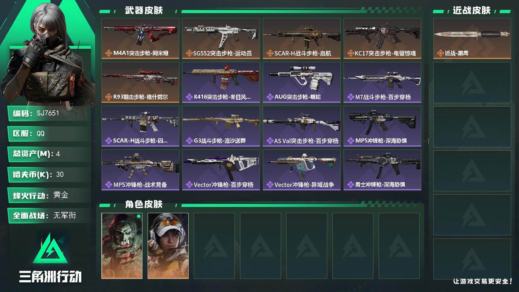 三角洲行动账号QQ【SJ7651】总资产(M)：4M/哈夫币(K)：30K/哈夫币(K)：30K/传说枪皮数：5/全面战场等级：3_段位：无段位/烽火地带等级：60_段位：黄金/红狼-电锯惊魂/露娜-金牌射手/近战-