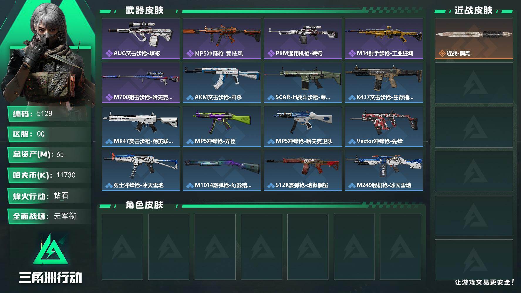 三角洲行动账号QQ总资产(M)：65M/哈夫币(K)：11730K/哈夫币(K)：11730K/全面战场等级：1_段位