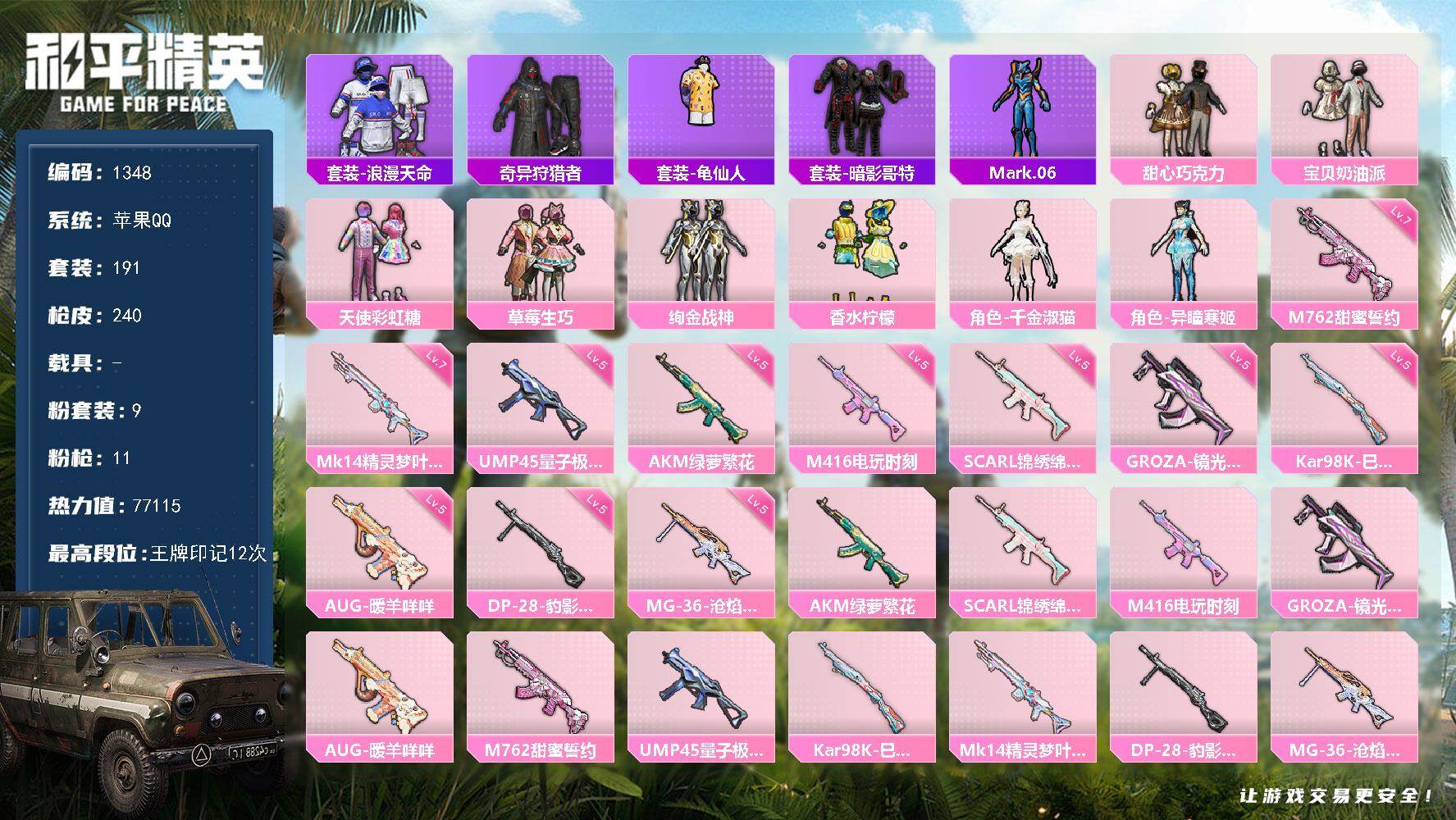 和平精英账号苹果QQ0载具-191套装-240枪皮-【1348】精品女号 巧克力三姐妹 绚金战神 多套裙子9把特效 整体