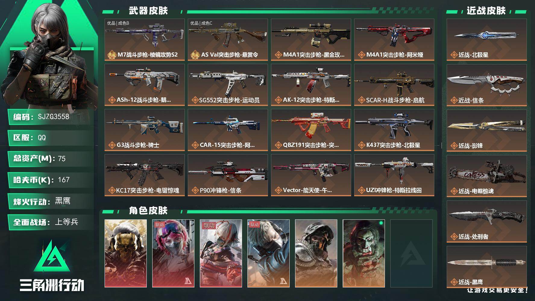 三角洲行动账号QQ【SJZG3558】总资产(M)：75M/哈夫币(K)：167K/哈夫币(K)：167K/传说枪皮数
