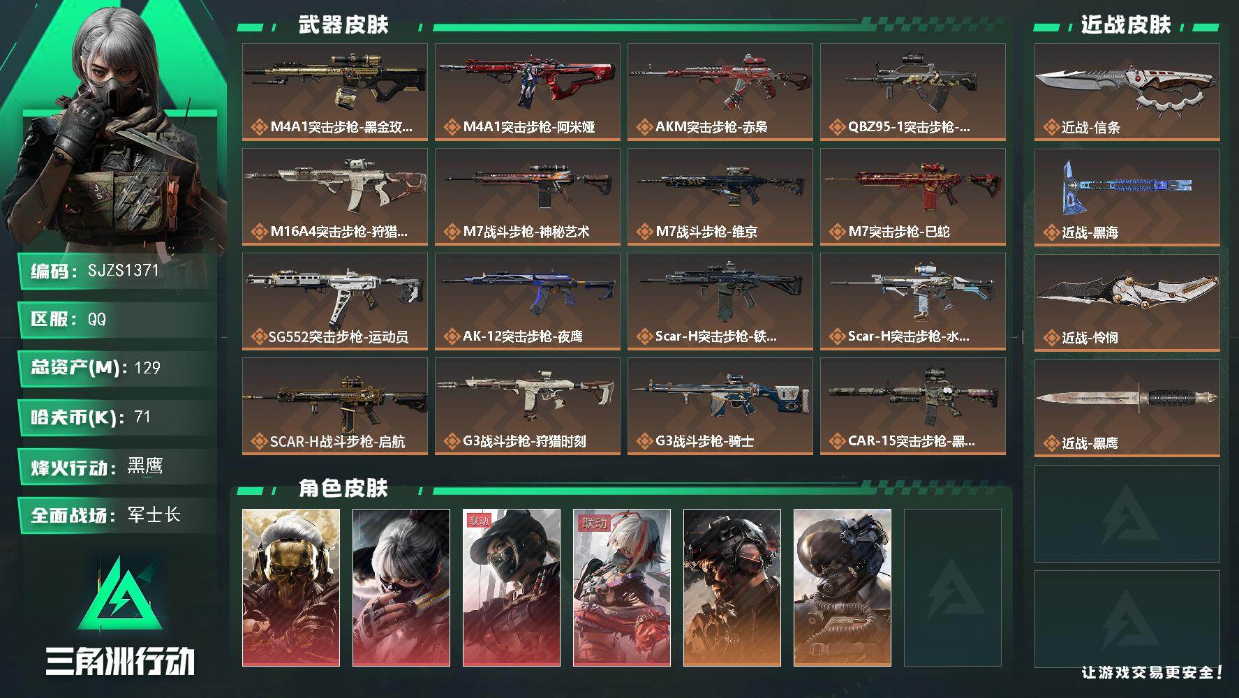 三角洲行动账号QQ【SJZS1371】总资产(M)：129M/哈夫币(K)：71K/哈夫币(K)：71K/传说枪皮数：