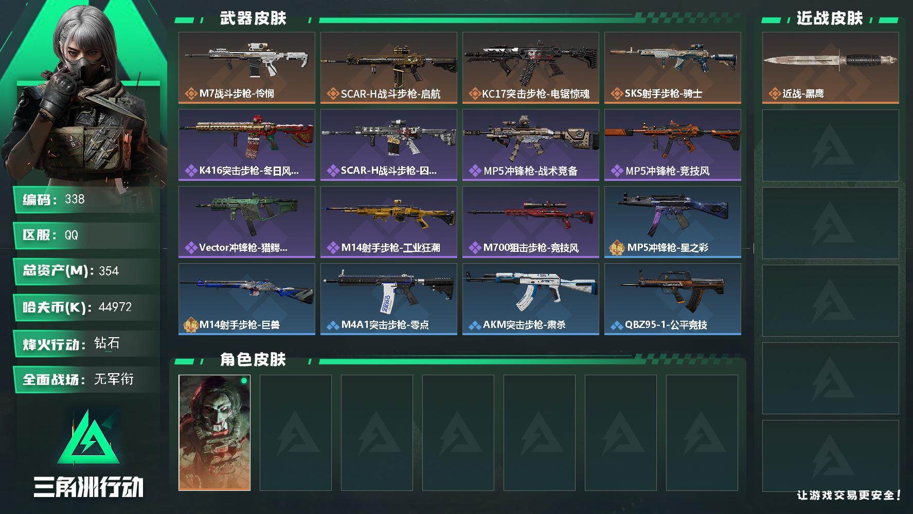 三角洲行动账号QQ【338】【过年不打烊·总资产354M·猛攻护航号·仓库东西多到装不下·暴仓·6头·4000万纯币·