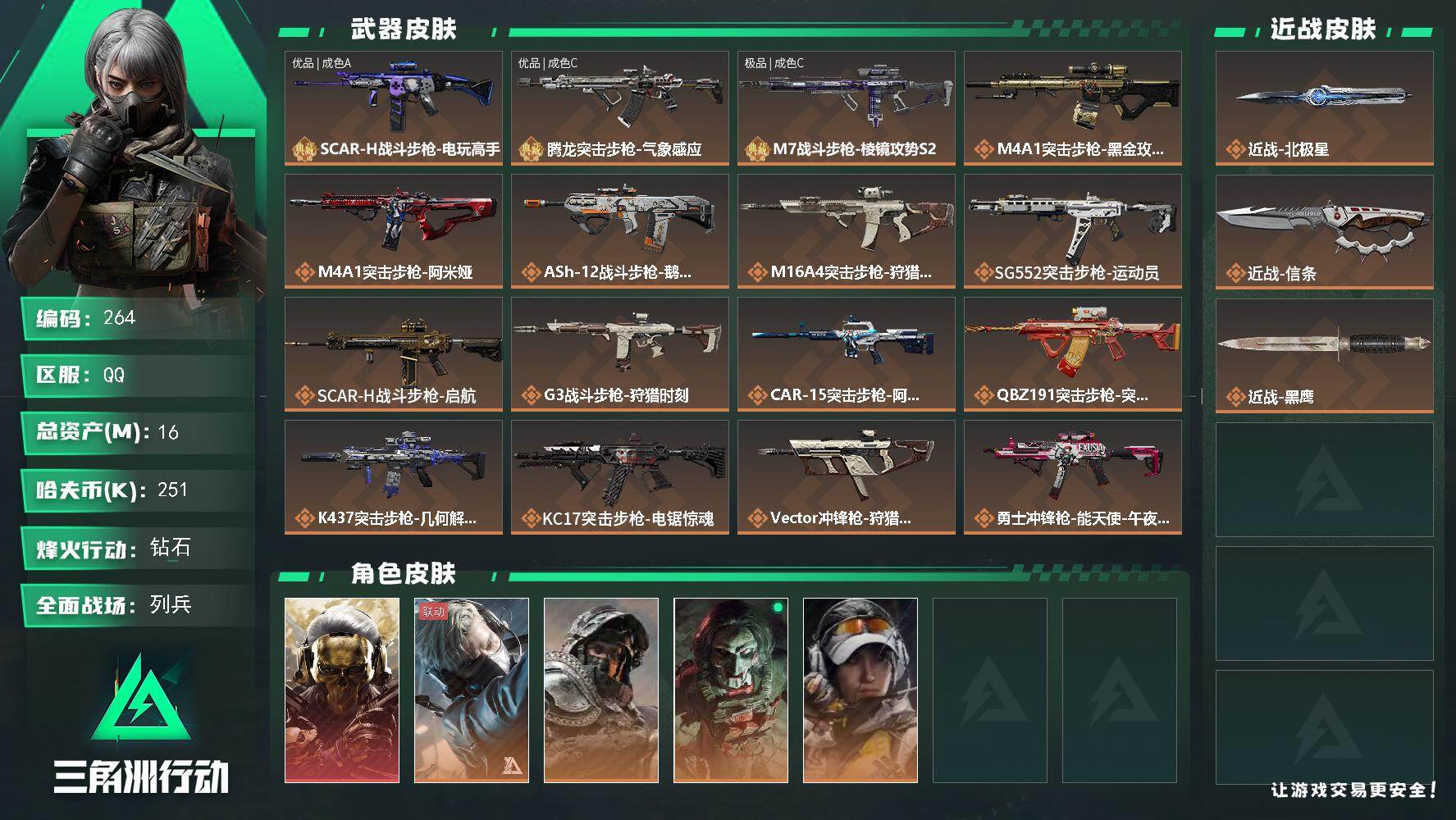 三角洲行动账号QQ【LX46107】【总资产：16.6m，流动资产：10.6m-1干员红皮：红狼 蚀金玫瑰-刀皮：北极