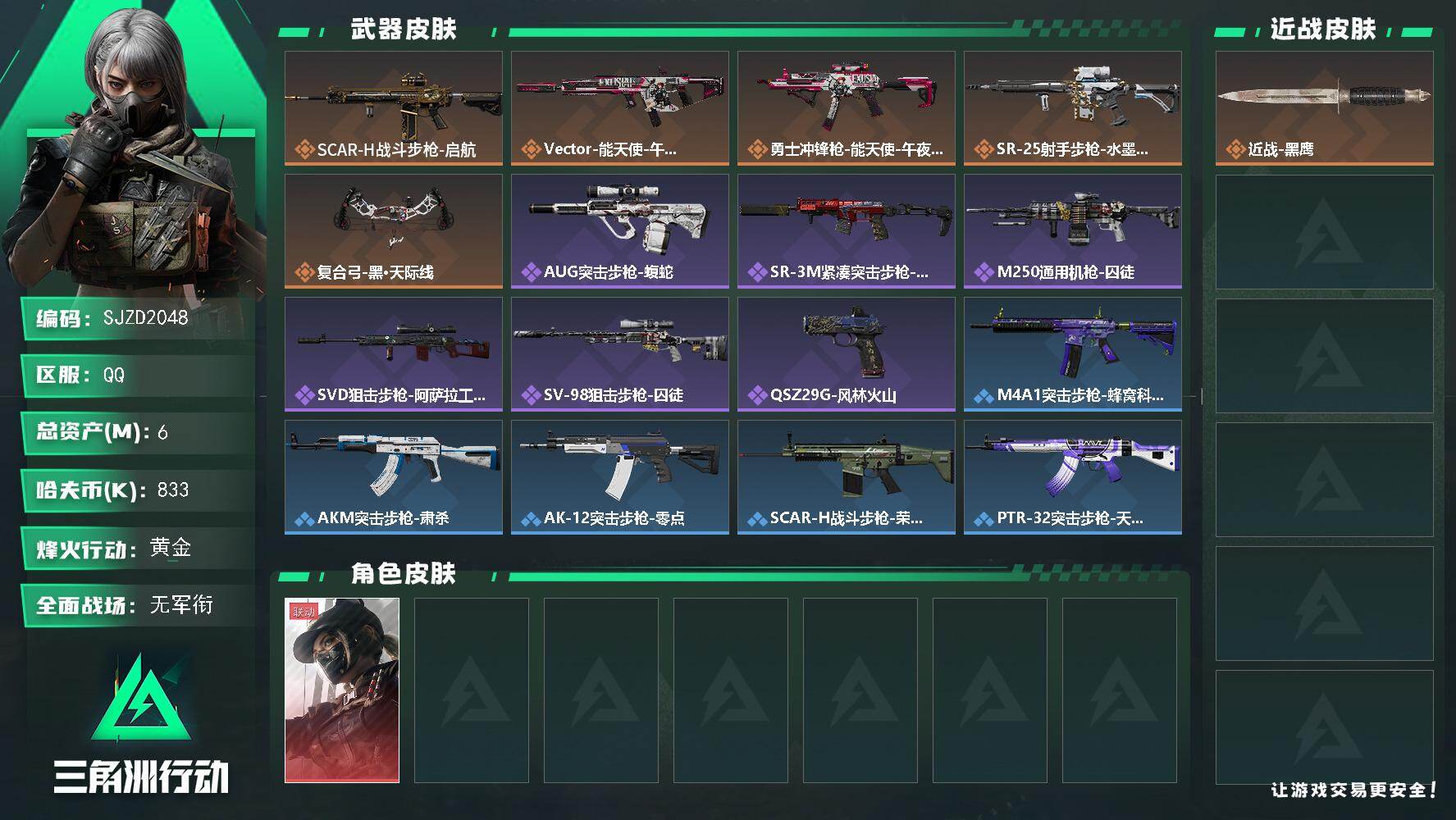 三角洲行动账号QQ【SJZD2048】总资产(M)：6M/哈夫币(K)：833K/哈夫币(K)：833K/传说枪皮数：