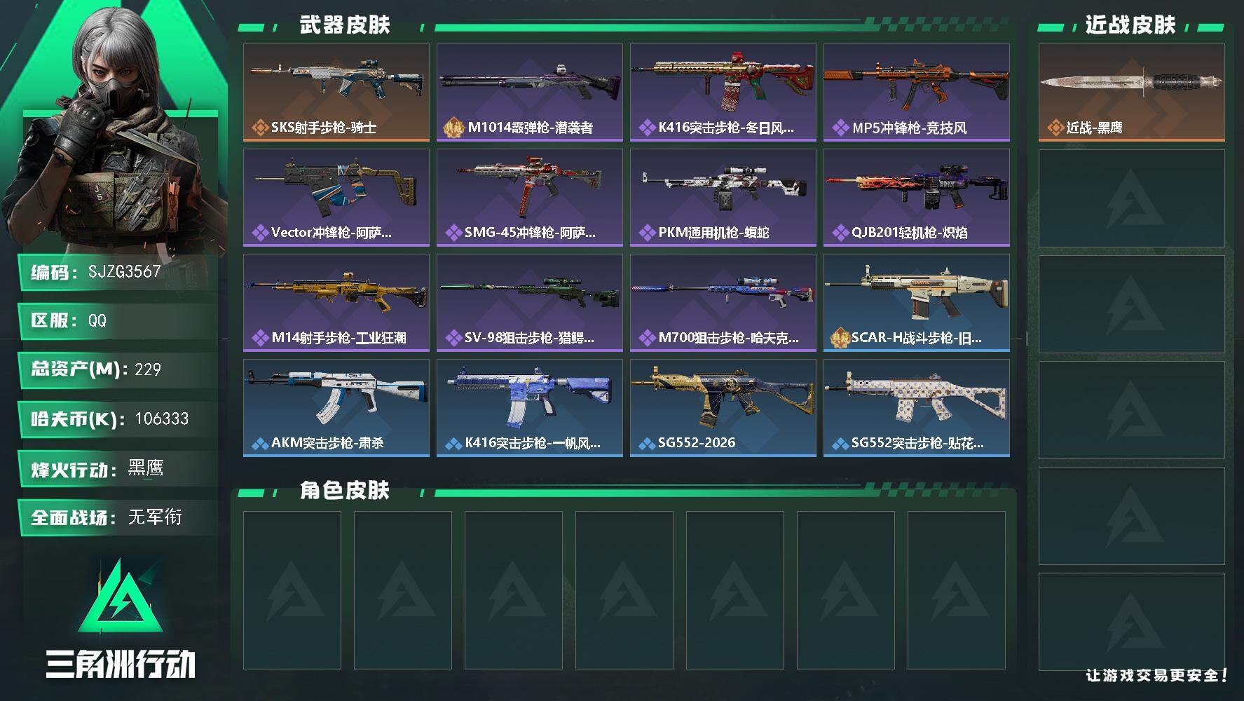 三角洲行动账号QQ【SJZG3567】总资产(M)：229M/哈夫币(K)：106333K/哈夫币(K)：106333K/传说枪皮数：1/全面战场等级：1_段位：无段位/烽火地带等级：60_段位：黑鹰/近战-黑鹰/S