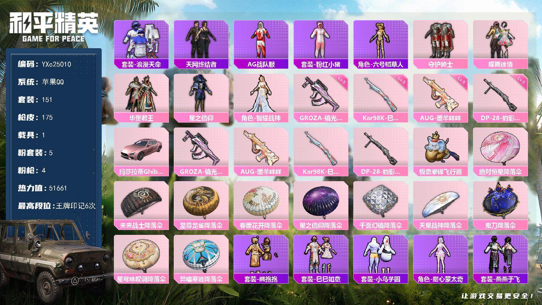 和平精英账号苹果QQ1载具-151套装-175枪皮-【无法转区！天网 粉玛莎 智耀战神 满地铁天赋】YXc25010-【