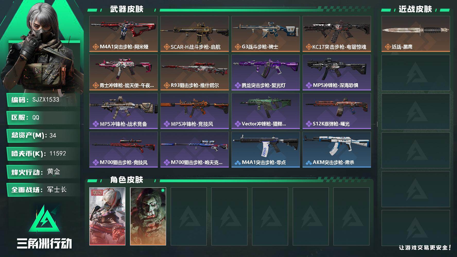 三角洲行动账号QQ【SJZX1533】总资产(M)：34M/哈夫币(K)：11592K/哈夫币(K)：11592K/传说枪皮数：6/全面战场等级：21_段位：军士长/烽火地带等级：40_段位：黄金/骇爪-维什戴尔/红