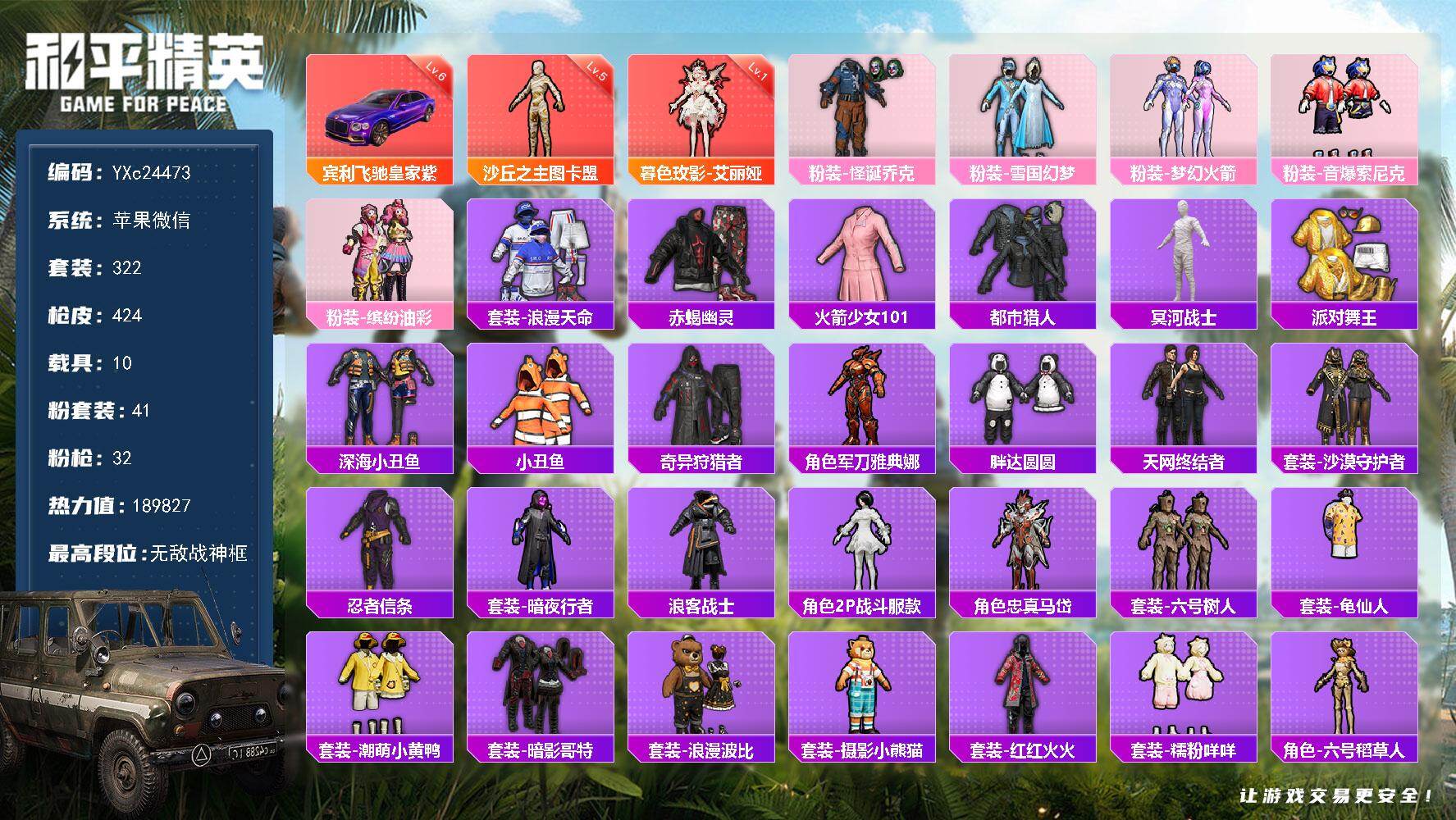 和平精英账号安卓微信10载具-322套装-424枪皮-【极品老1满素材号！战神框*2 5级红 图卡盟 艾丽娅 老101 