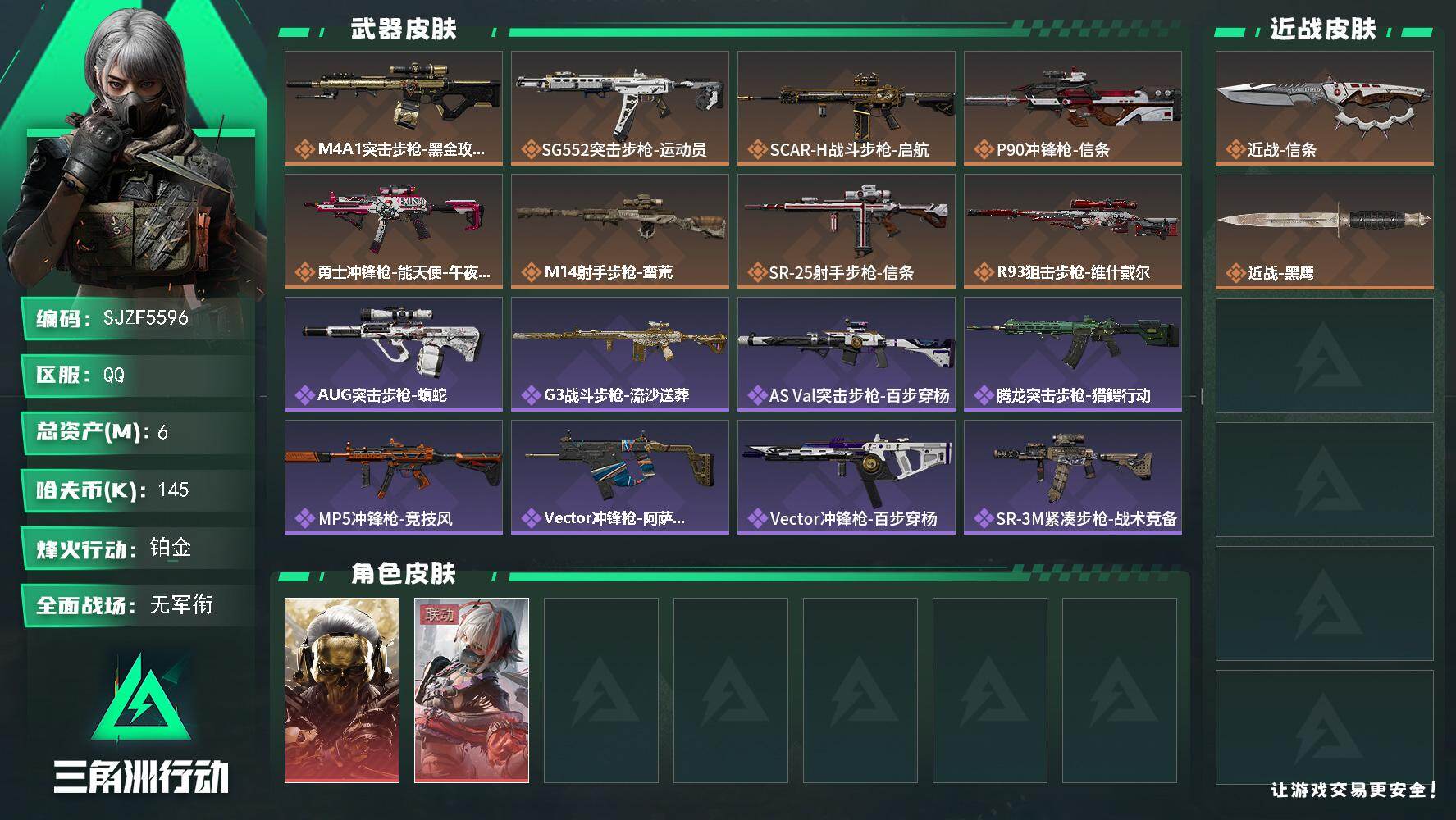 三角洲行动账号QQ【SJZF5596】总资产(M)：6M/哈夫币(K)：145K/哈夫币(K)：145K/传说枪皮数：8/全面战场等级：1_段位：无段位/烽火地带等级：57_段位：铂金/红狼-蚀金玫瑰/骇爪-维什戴尔