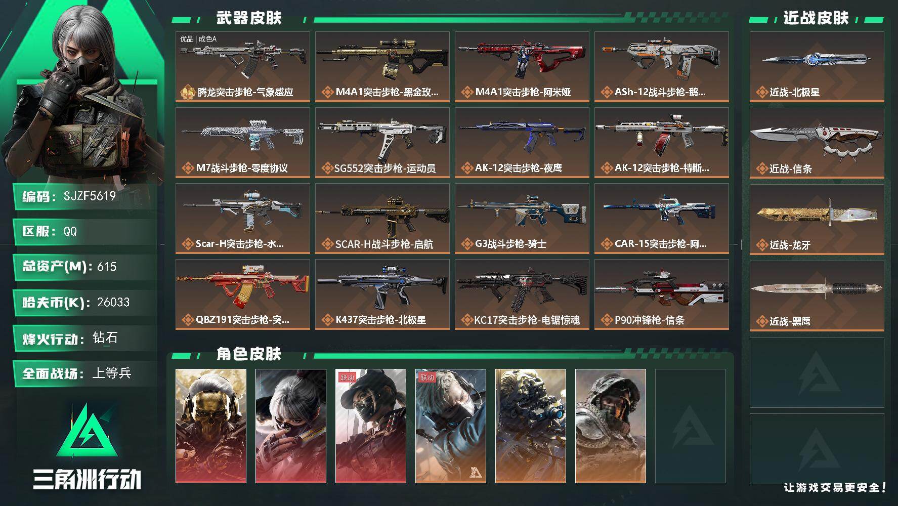三角洲行动账号QQ【SJZF5619】总资产(M)：615M/哈夫币(K)：26033K/哈夫币(K)：26033K/传说枪皮数：29/全面战场等级：30_段位：上等兵/烽火地带等级：60_段位：钻石/红狼-蚀金玫瑰