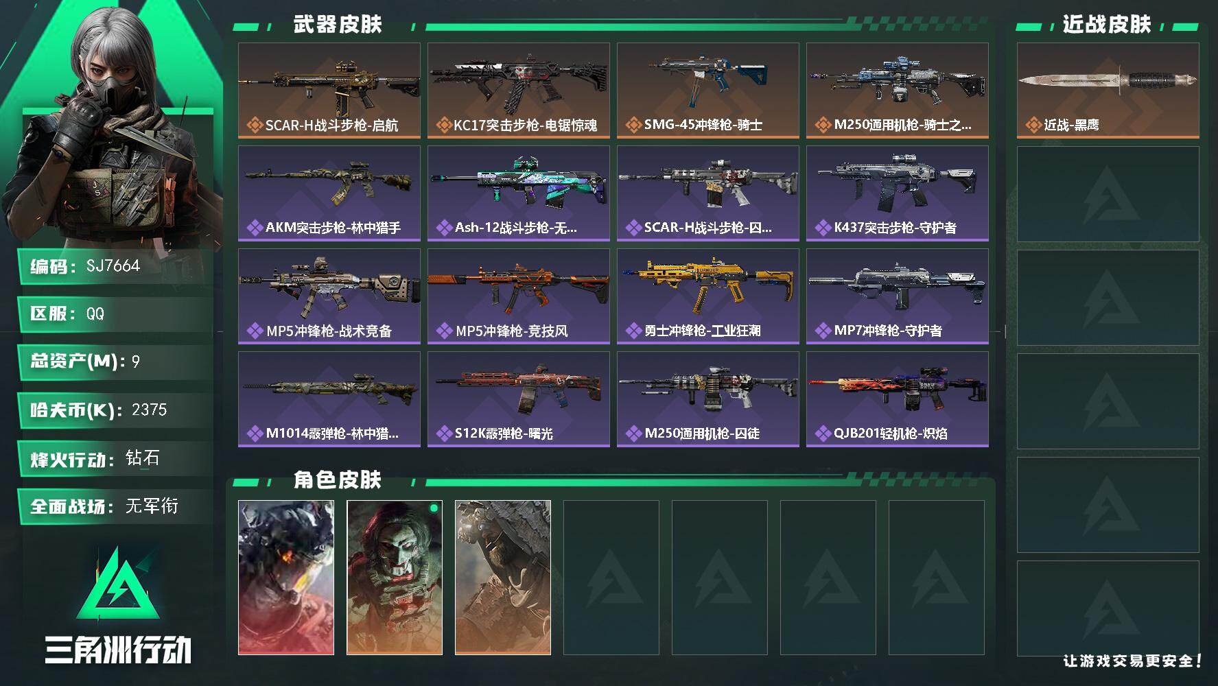 三角洲行动账号QQ【SJ7664】总资产(M)：9M/哈夫币(K)：2375K/哈夫币(K)：2375K/传说枪皮数：5/全面战场等级：1_段位：无段位/烽火地带等级：60_段位：钻石/威龙-凌霄戍卫/红狼-电锯惊魂
