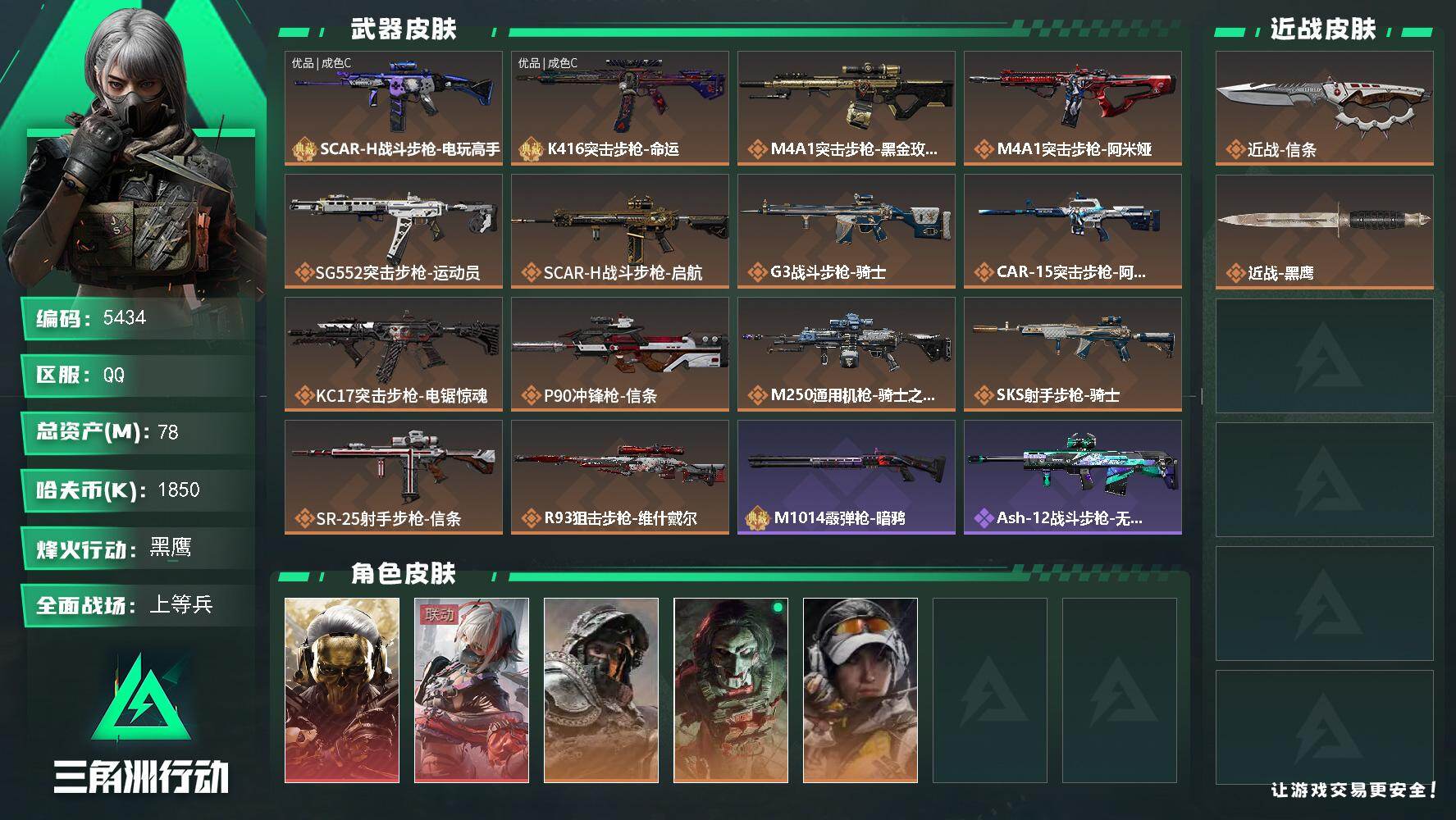 三角洲行动账号QQ总资产(M)：78M/哈夫币(K)：1850K/哈夫币(K)：1850K/全面战场等级：24_段位：