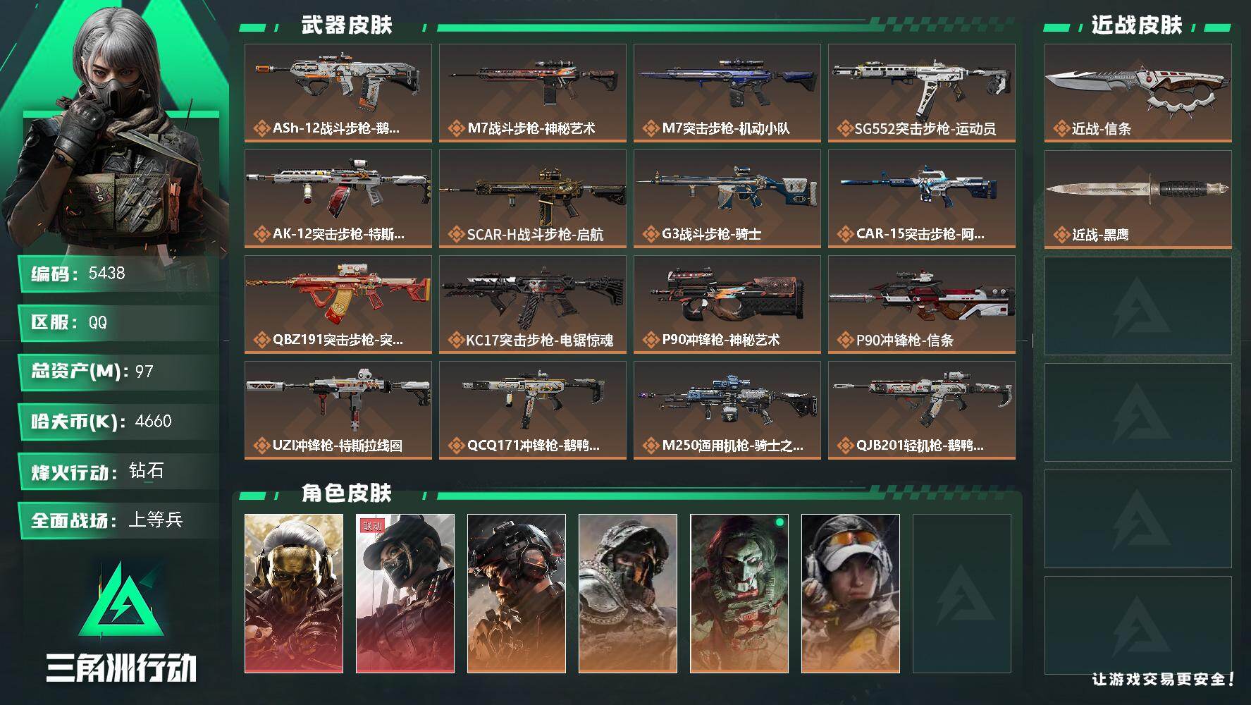 三角洲行动账号QQ总资产(M)：97M/哈夫币(K)：4660K/哈夫币(K)：4660K/全面战场等级：50_段位：