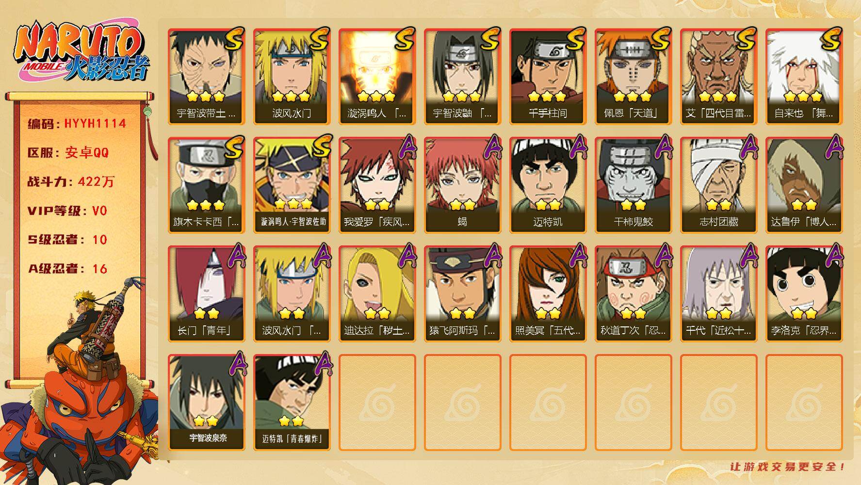 火影忍者账号安卓QQ【HYYH1114】V0/战力422W/S忍10/A忍16/2星我爱罗「疾风传」/2星达鲁伊「博人传」/3星旗木卡卡西「须佐能乎」/2星长门「青年」/2星迈特凯/3星宇智波带土「忍界大战」/2星蝎/