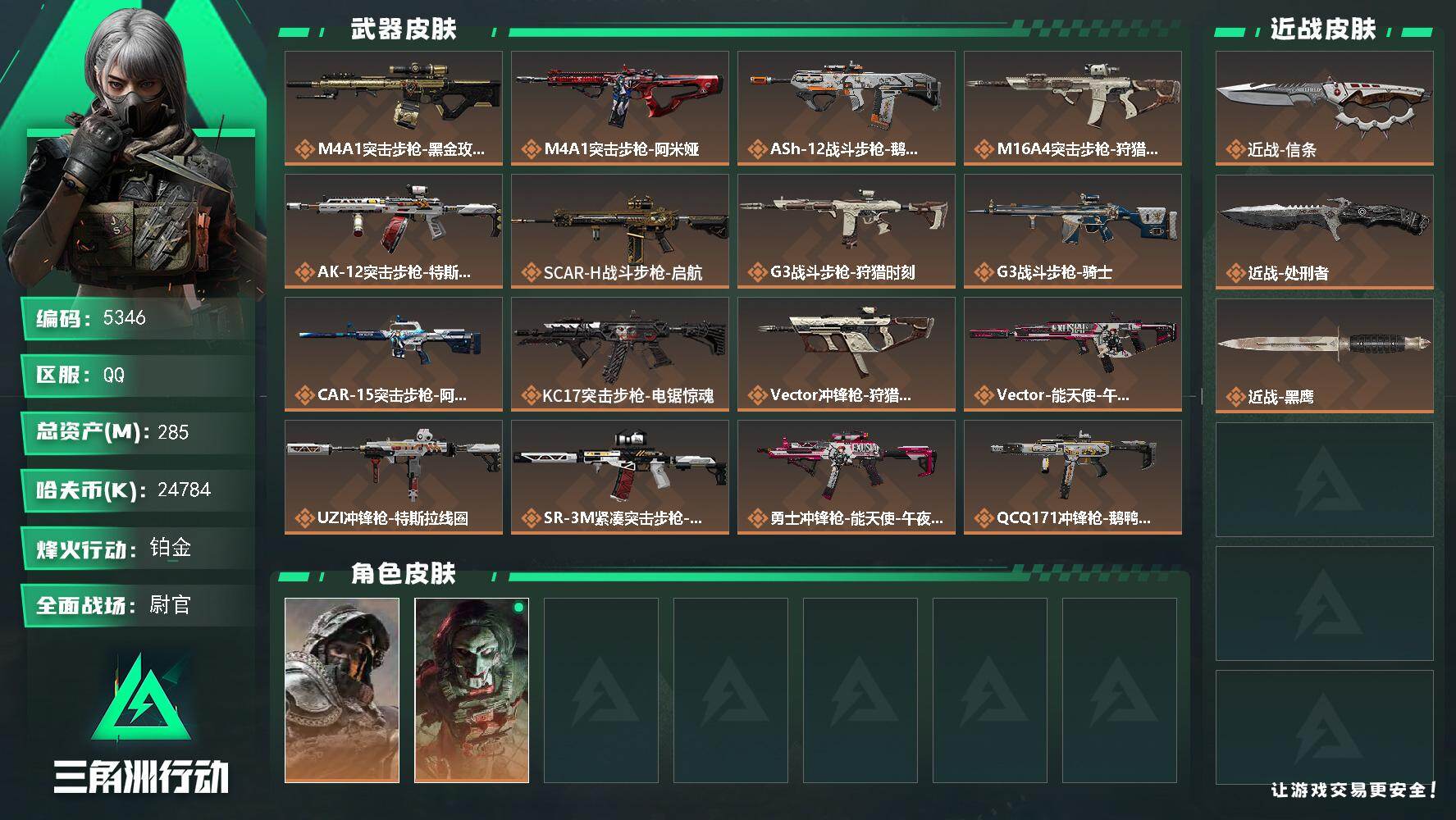 三角洲行动账号QQ总资产(M)：285M/哈夫币(K)：24784K/哈夫币(K)：24784K/传说枪皮数：19/全