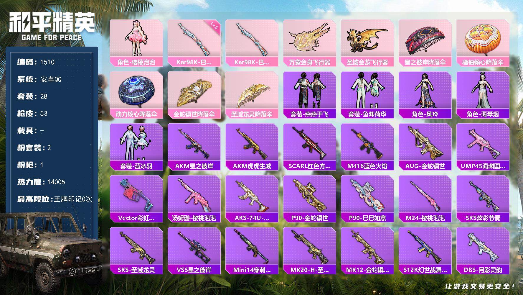 和平精英账号安卓QQ【1510】【过年不打烊·公主号·女号·樱桃泡泡·地铁有天赋·心弦·2粉装1特效枪】安卓 手Q-2粉