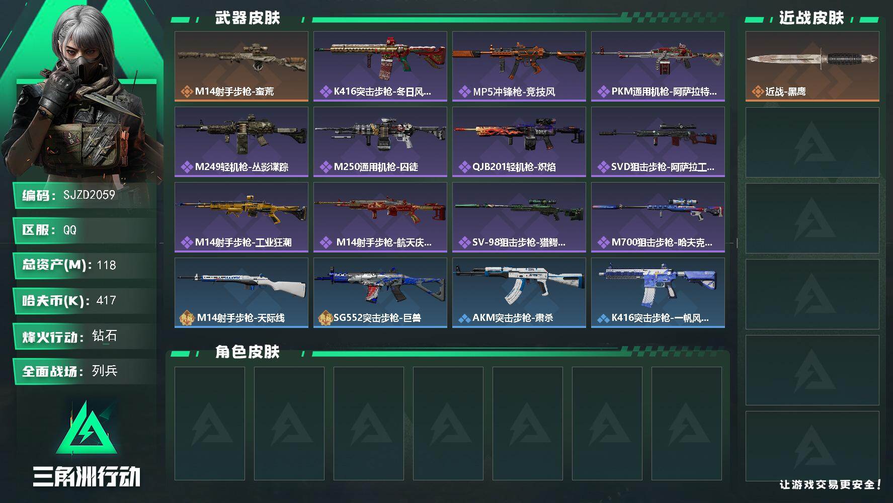 三角洲行动账号QQ【SJZD2059】总资产(M)：118M/哈夫币(K)：417K/哈夫币(K)：417K/传说枪皮