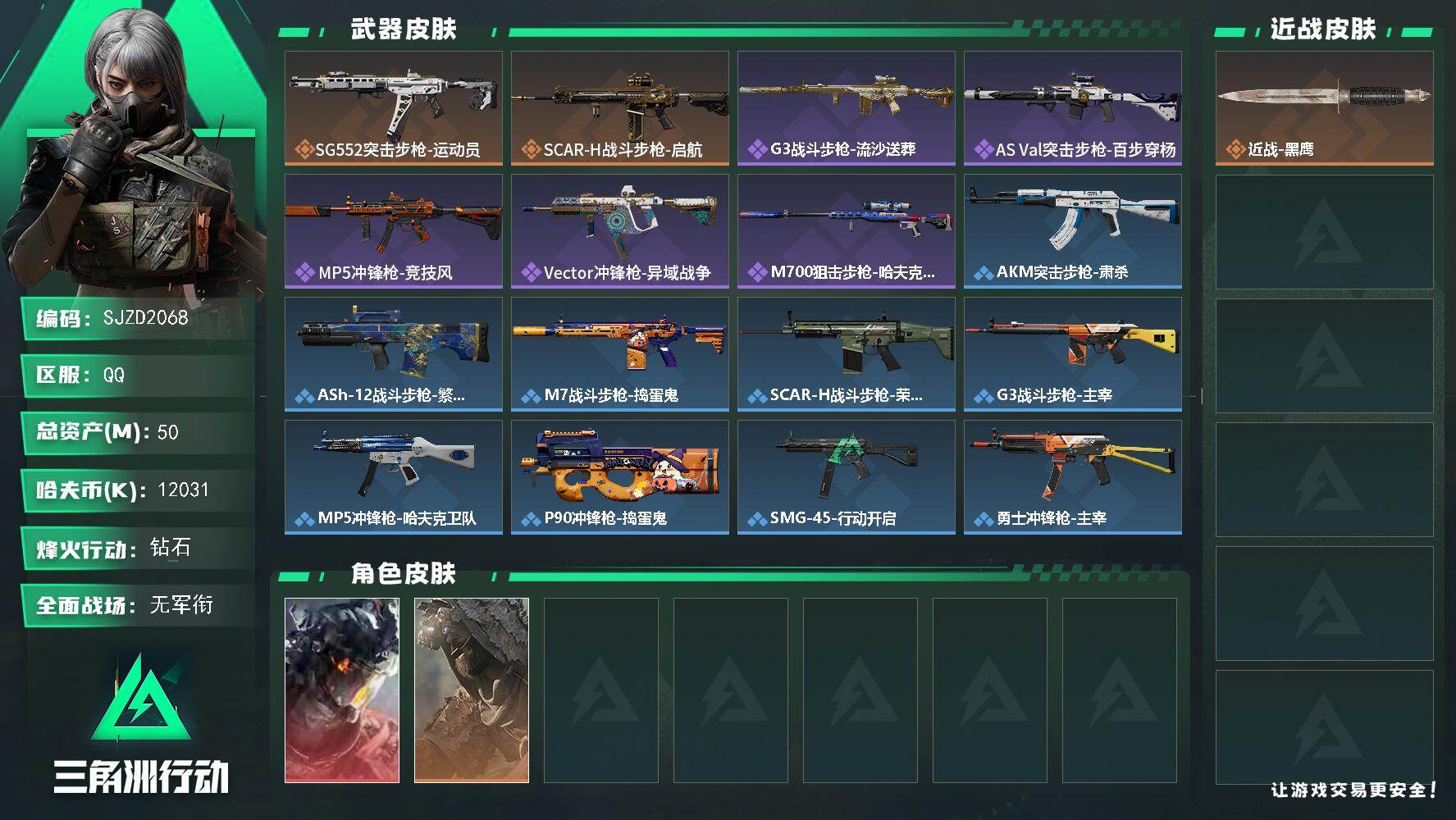 三角洲行动账号QQ【SJZD2068】总资产(M)：50M/哈夫币(K)：12031K/哈夫币(K)：12031K/传