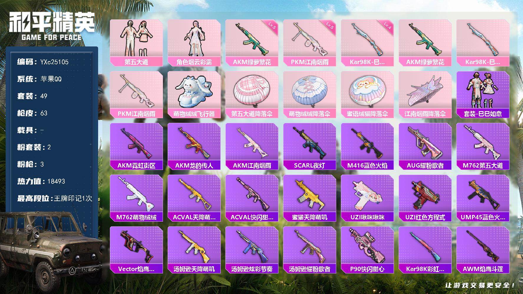 和平精英账号苹果QQ0载具-49套装-63枪皮-YXc25105-【无二次协助处理】【因赛季更新游戏段付以上号为准!】
