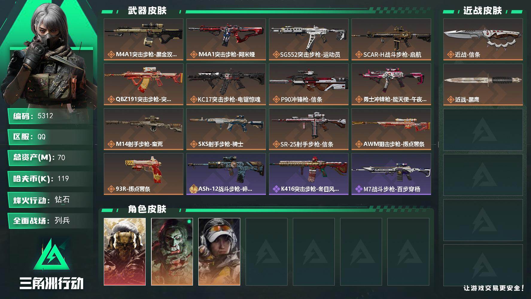 三角洲行动账号QQ总资产(M)：70M/哈夫币(K)：119K/哈夫币(K)：119K/传说枪皮数：13/全面战场等级