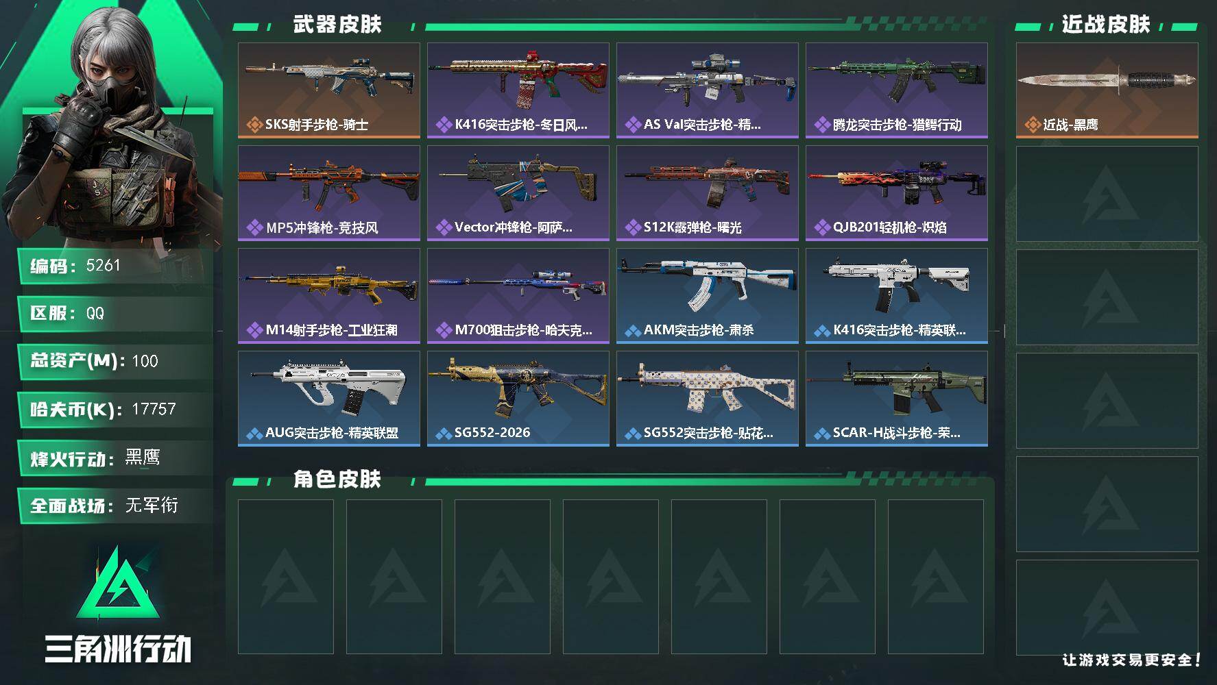 三角洲行动账号QQ总资产(M)：100M/哈夫币(K)：17757K/哈夫币(K)：17757K/传说枪皮数：1/全面