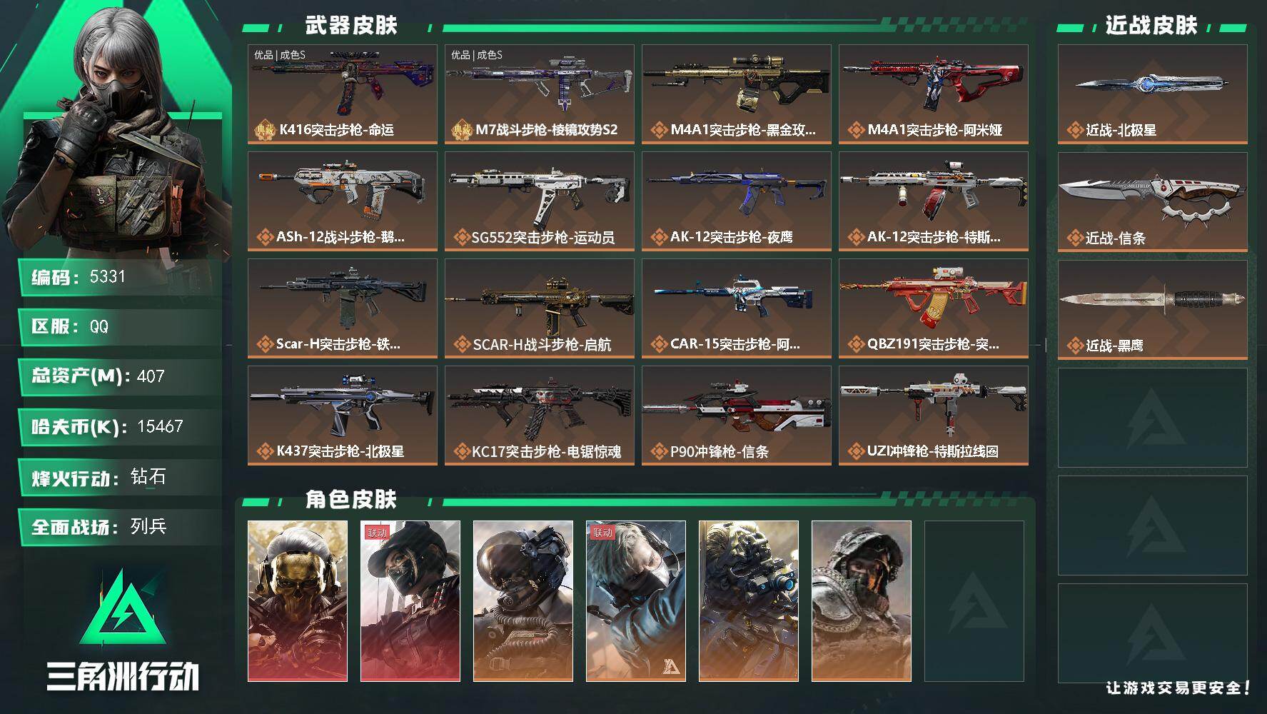 三角洲行动账号QQ总资产(M)：407M/哈夫币(K)：15467K/哈夫币(K)：15467K/传说枪皮数：29/全
