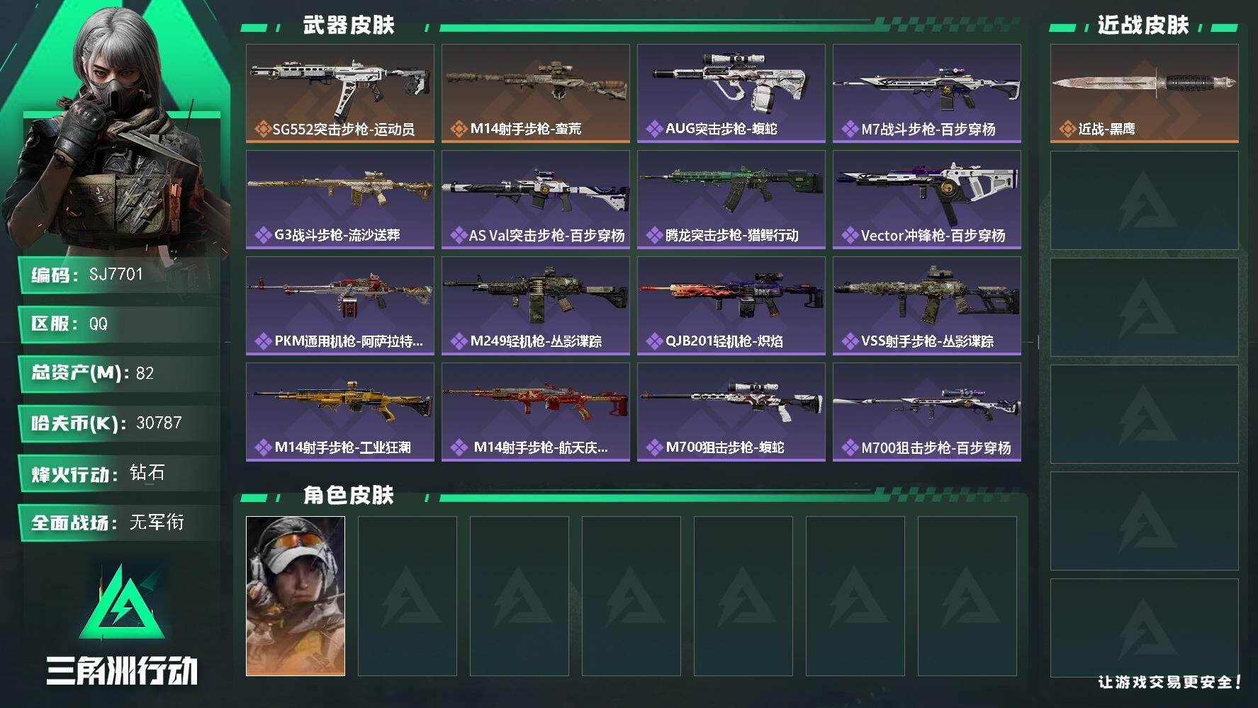 三角洲行动账号QQ【SJ7701】总资产(M)：82M/哈夫币(K)：30787K/哈夫币(K)：30787K/传说枪皮数：2/全面战场等级：1_段位：无段位/烽火地带等级：60_段位：钻石/露娜-金牌射手/近战-黑