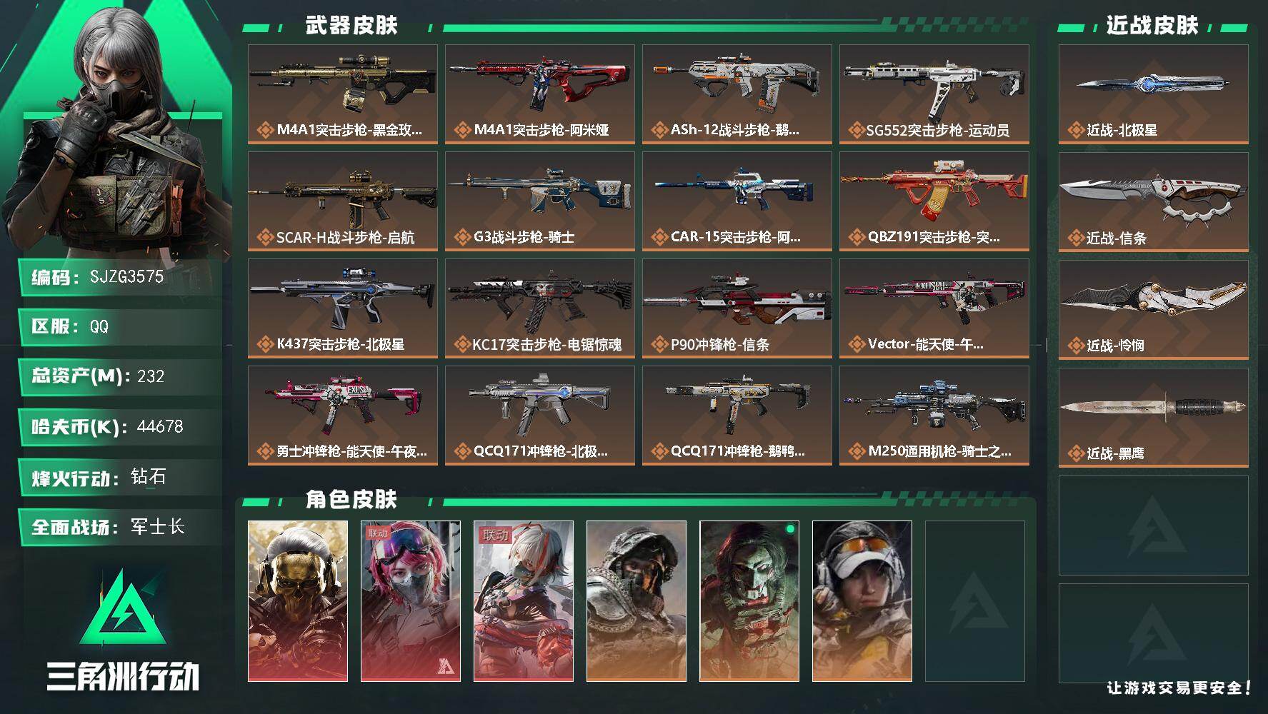 三角洲行动账号QQ【SJZG3575】总资产(M)：232M/哈夫币(K)：44678K/哈夫币(K)：44678K/