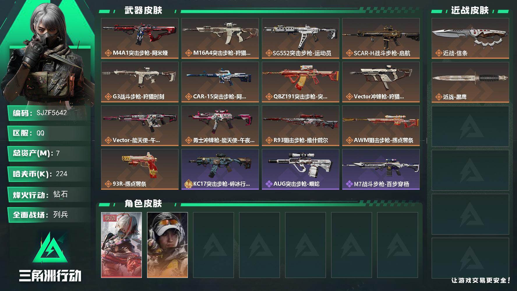 三角洲行动账号QQ【SJZF5642】总资产(M)：7M/哈夫币(K)：224K/哈夫币(K)：224K/传说枪皮数：13/全面战场等级：13_段位：列兵/烽火地带等级：60_段位：钻石/骇爪-维什戴尔/露娜-金牌射