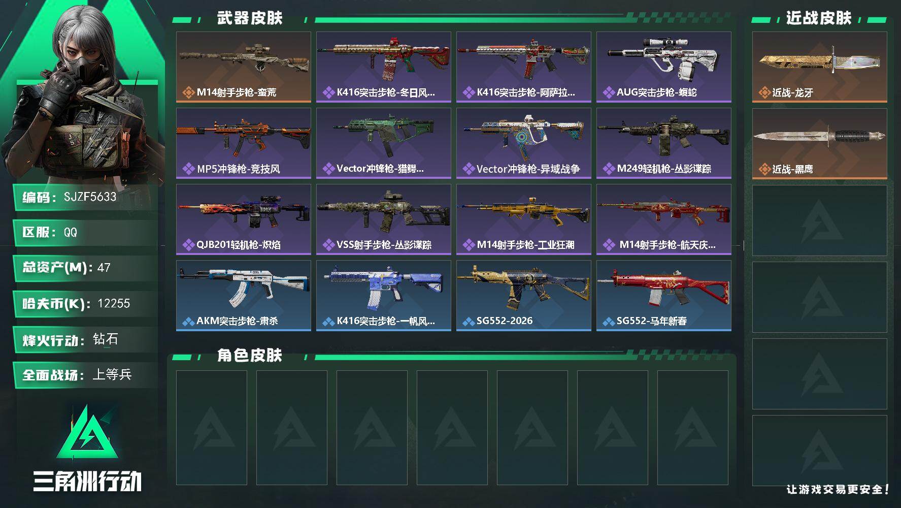 三角洲行动账号QQ【SJZF5633】总资产(M)：47M/哈夫币(K)：12255K/哈夫币(K)：12255K/传说枪皮数：1/全面战场等级：16_段位：上等兵/烽火地带等级：60_段位：钻石/近战-龙牙/近战-