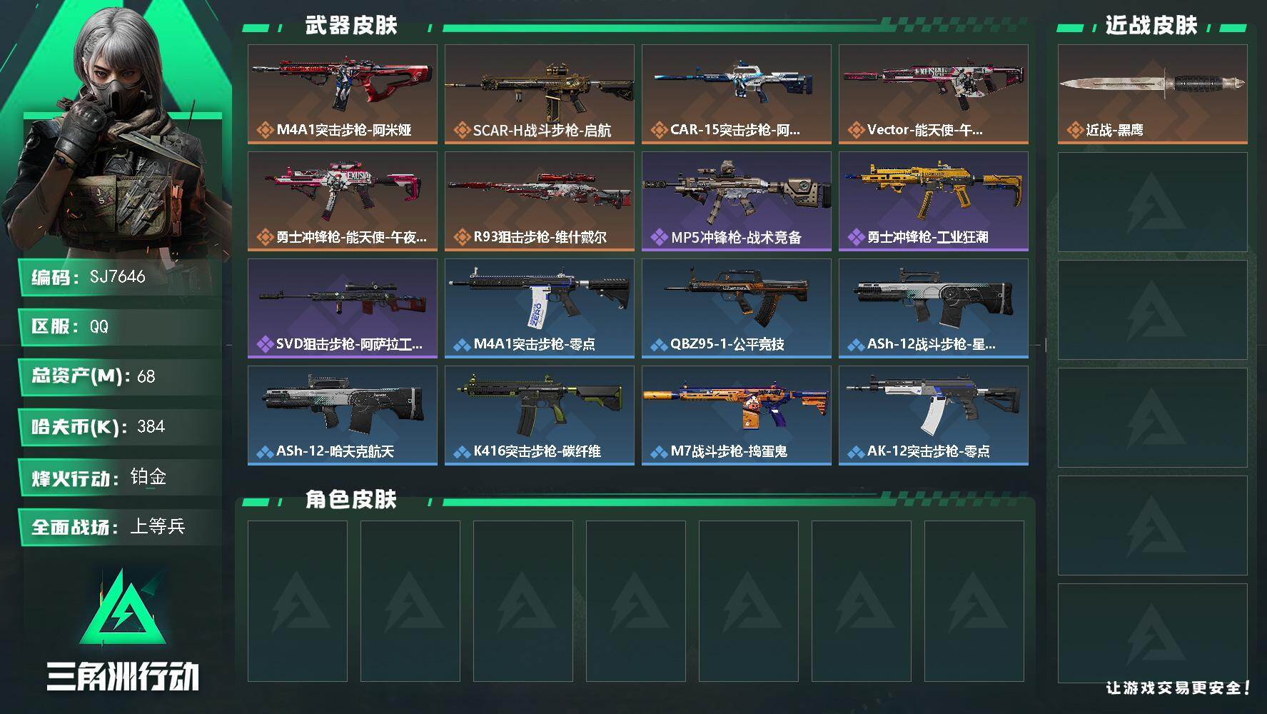 三角洲行动账号QQ【SJ7646】总资产(M)：68M/哈夫币(K)：384K/哈夫币(K)：384K/传说枪皮数：6/全面战场等级：17_段位：上等兵/烽火地带等级：52_段位：铂金/近战-黑鹰/M4A1突击步枪-