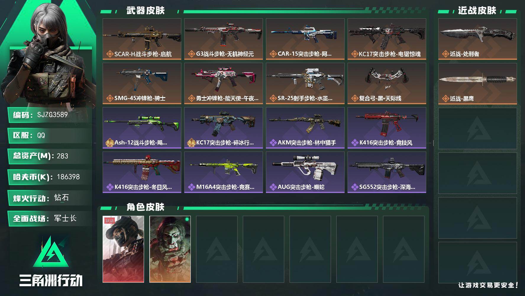 三角洲行动账号QQ【SJZG3589】总资产(M)：283M/哈夫币(K)：186398K/哈夫币(K)：186398K/传说枪皮数：8/全面战场等级：25_段位：军士长/烽火地带等级：60_段位：钻石/露娜-黑·天