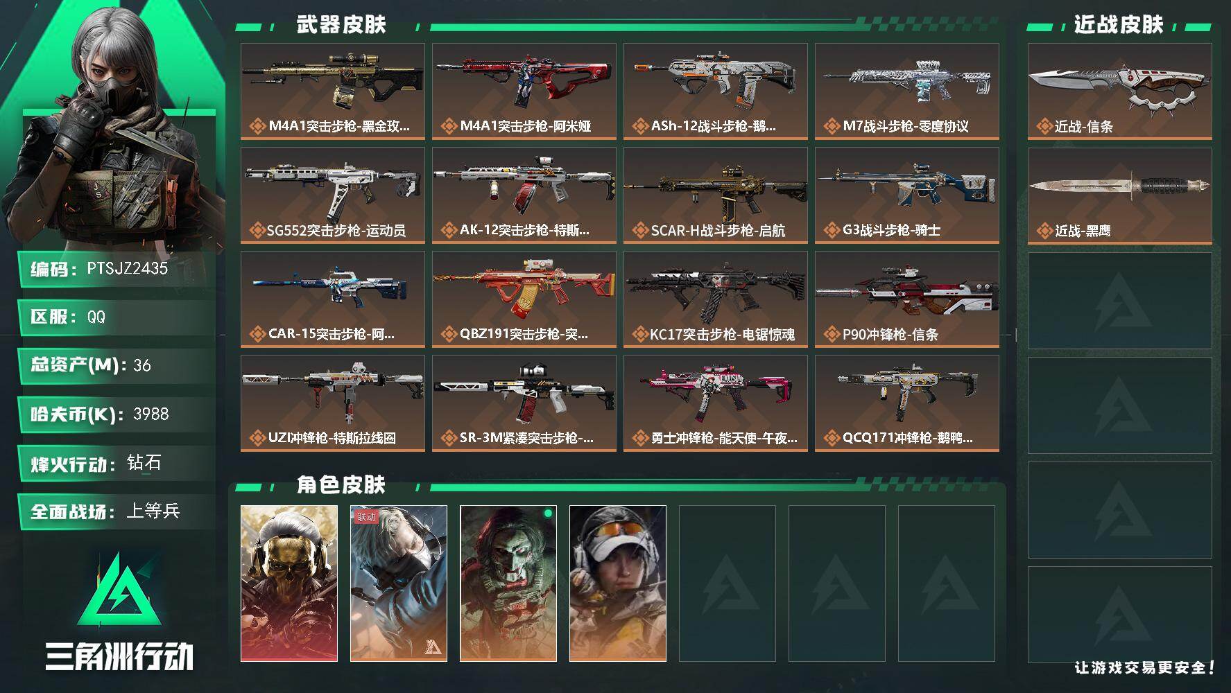 三角洲行动账号QQ【PTSJZ2435】总资产(M)：36M/哈夫币(K)：3988K/哈夫币(K)：3988K/传说