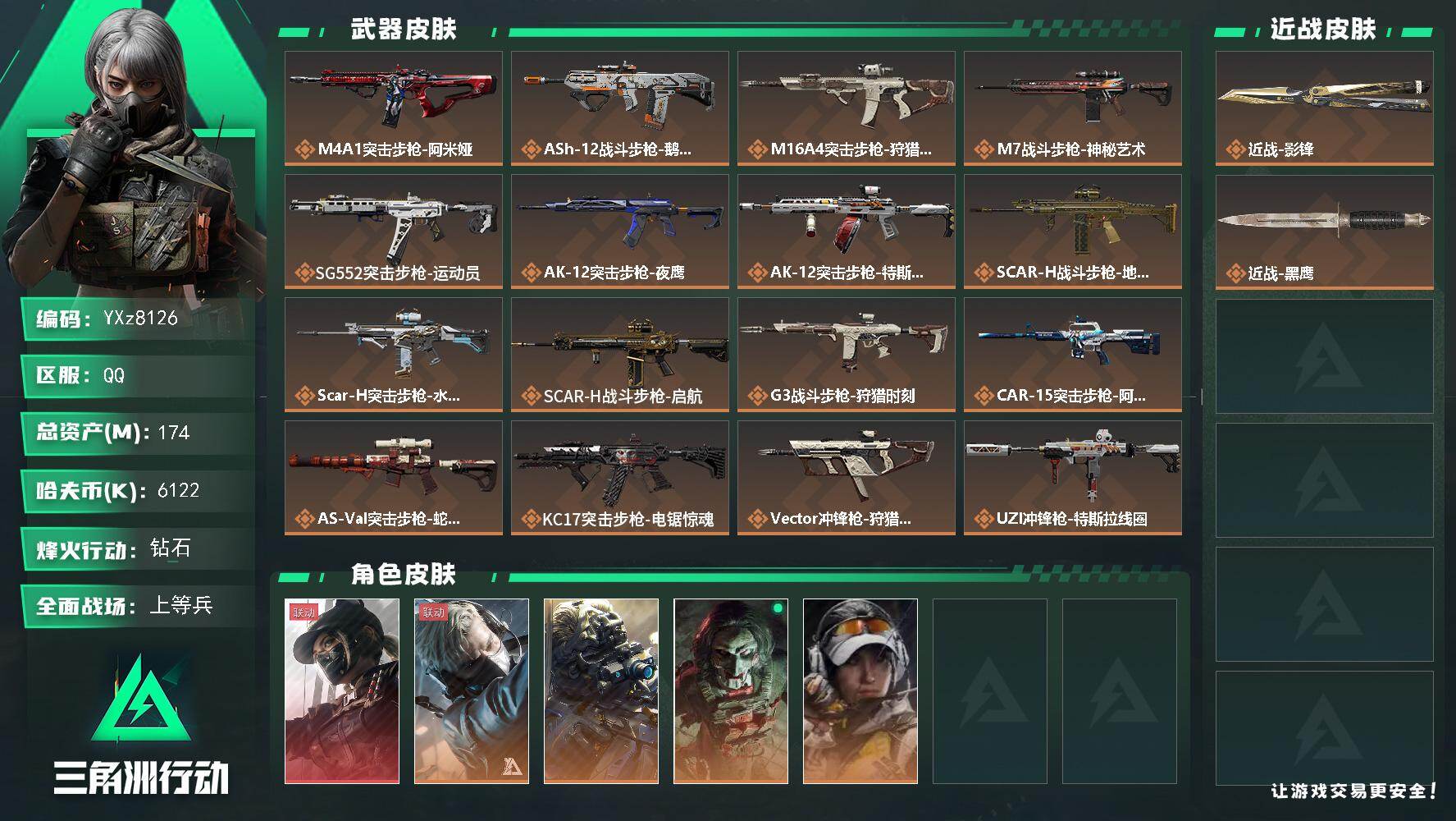 三角洲行动账号QQ【热门组合搭配：单红+刀皮影锋-黑天际线.总资产174M】【Q区三端互通】【可二次】YXz8126-