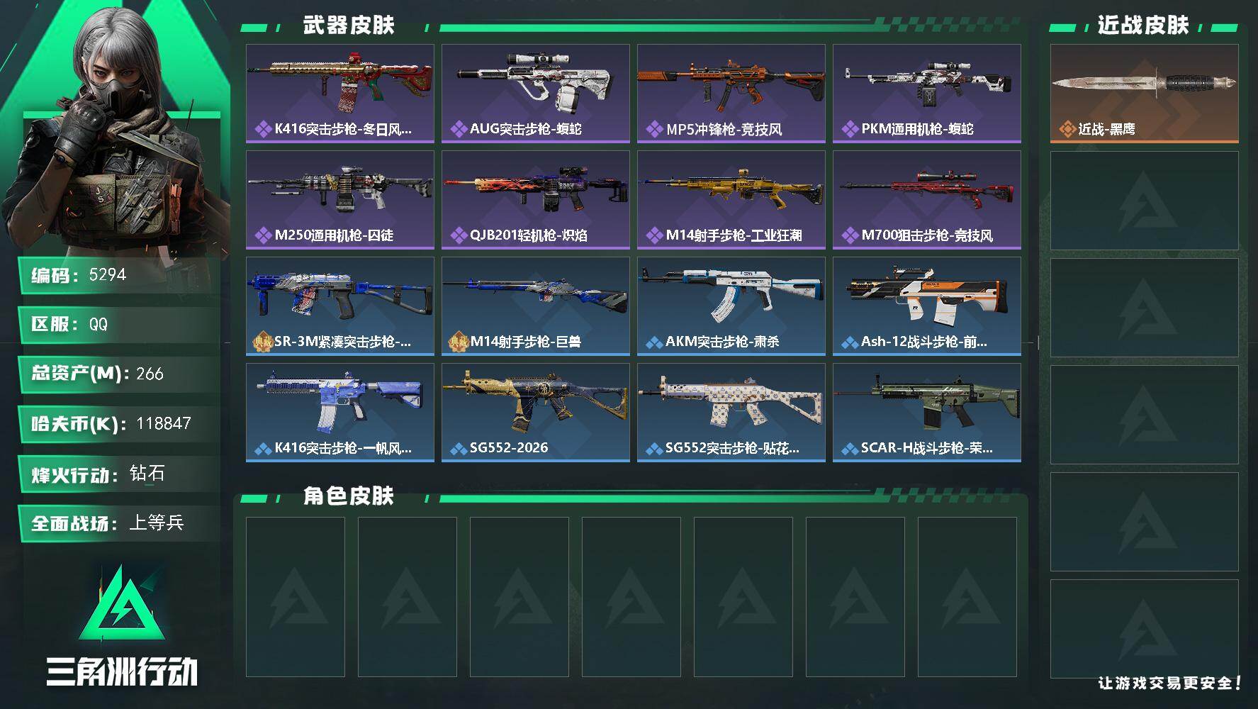 三角洲行动账号QQ总资产(M)：266M/哈夫币(K)：K/哈夫币(K)：K/全面战场等级：26_段位：上等兵/烽火地