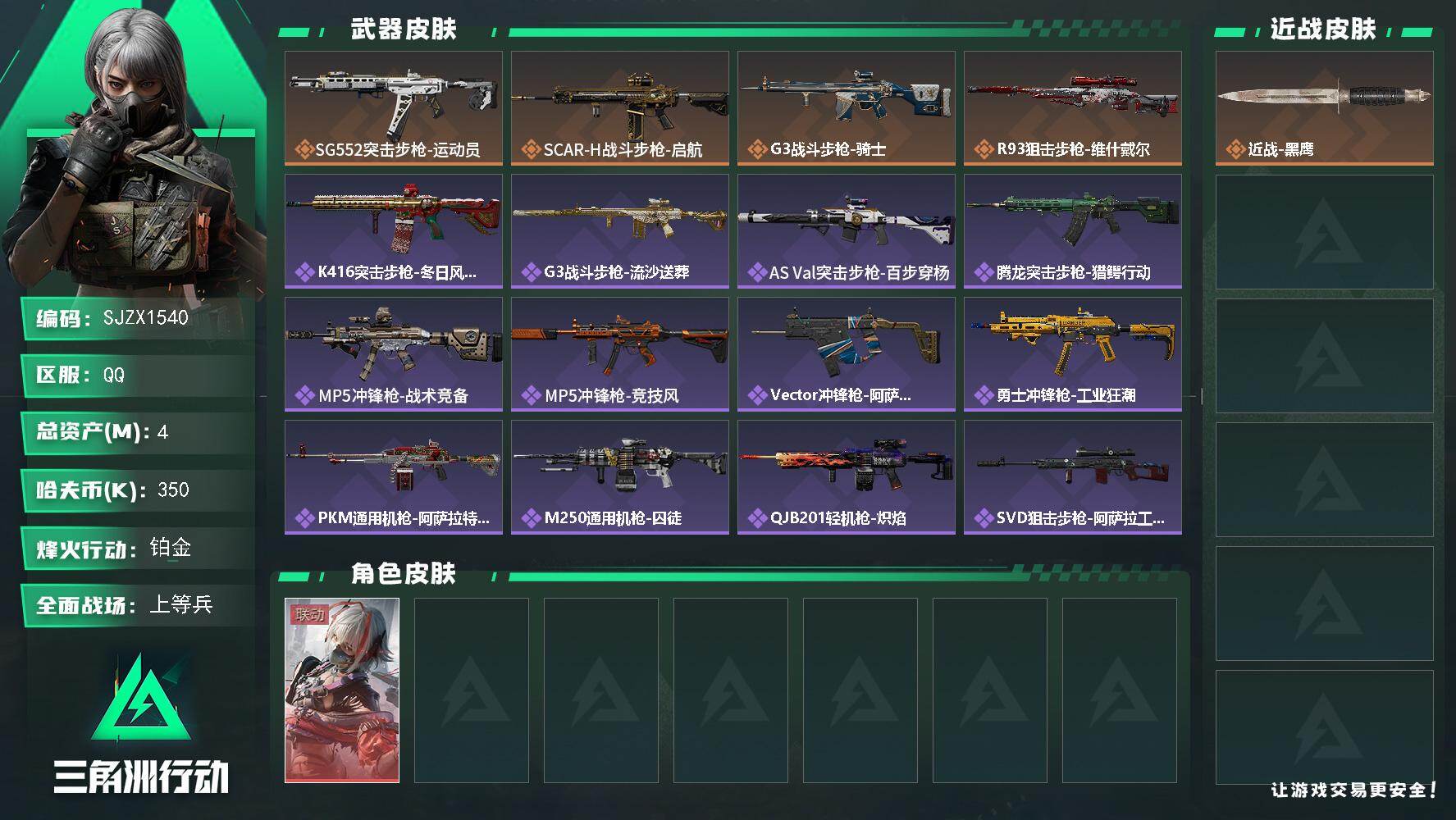 三角洲行动账号QQ【SJZX1540】总资产(M)：4M/哈夫币(K)：350K/哈夫币(K)：350K/传说枪皮数：4/全面战场等级：32_段位：上等兵/烽火地带等级：52_段位：铂金/骇爪-维什戴尔/近战-黑鹰/