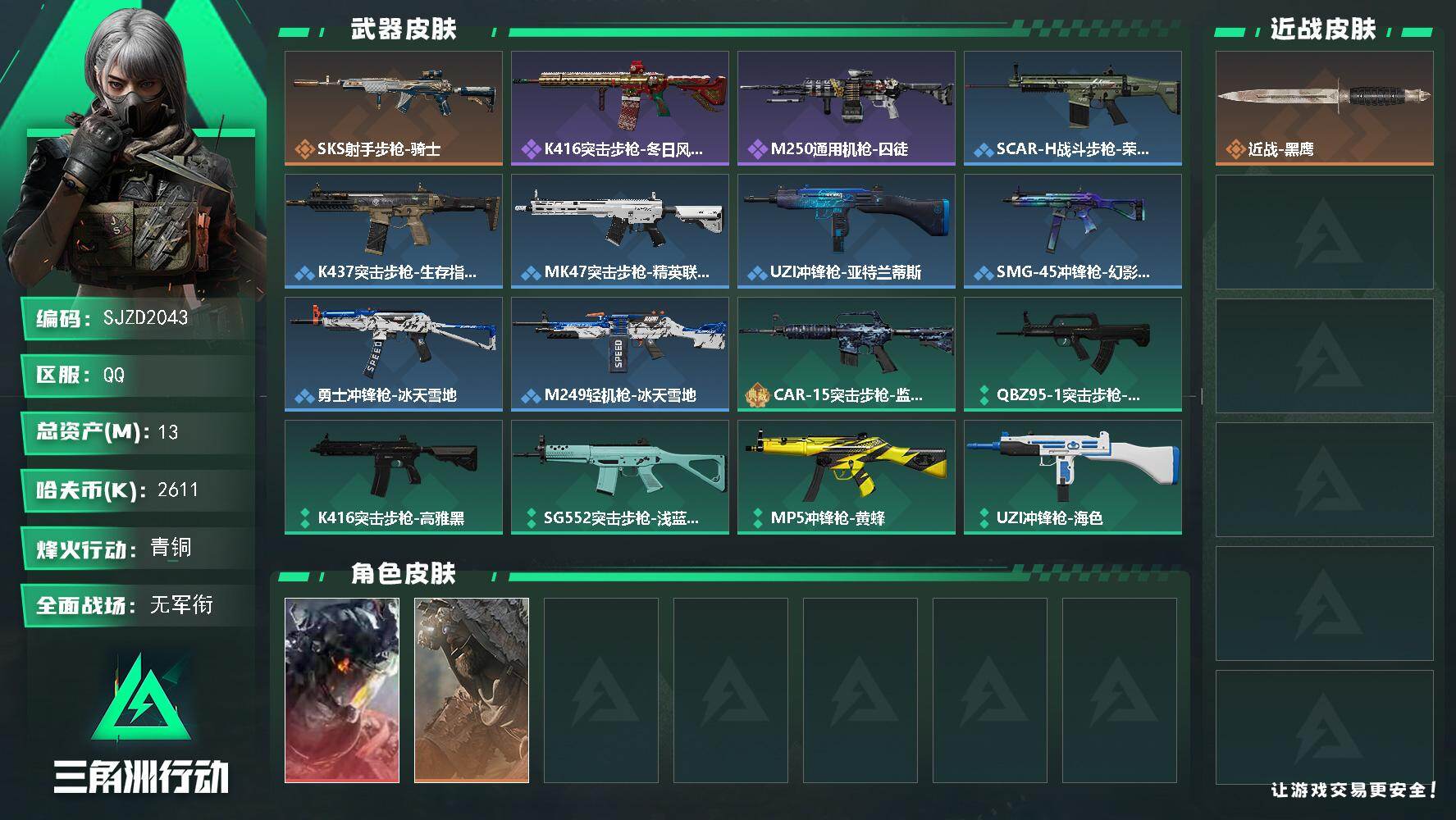 三角洲行动账号QQ【SJZD2043】总资产(M)：13M/哈夫币(K)：2611K/哈夫币(K)：2611K/传说枪
