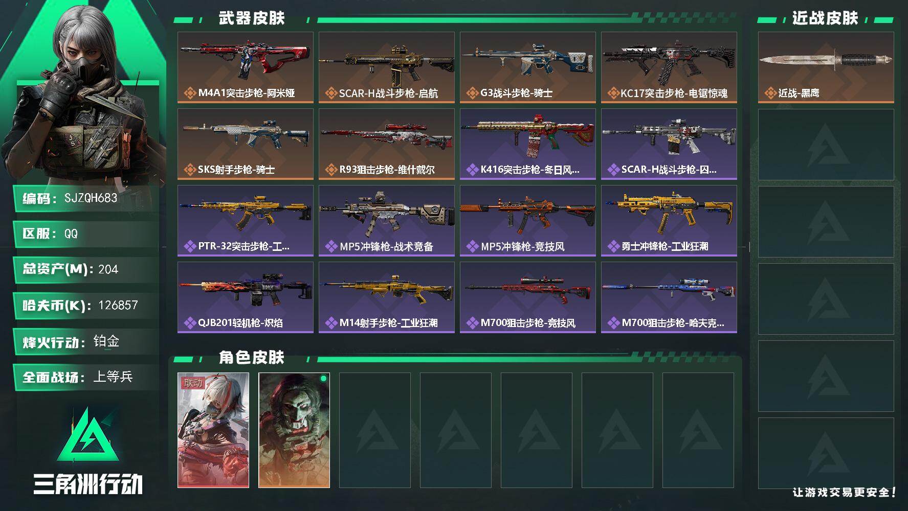 三角洲行动账号QQ【SJZQH683】总资产(M)：204M/哈夫币(K)：126857K/哈夫币(K)：126857