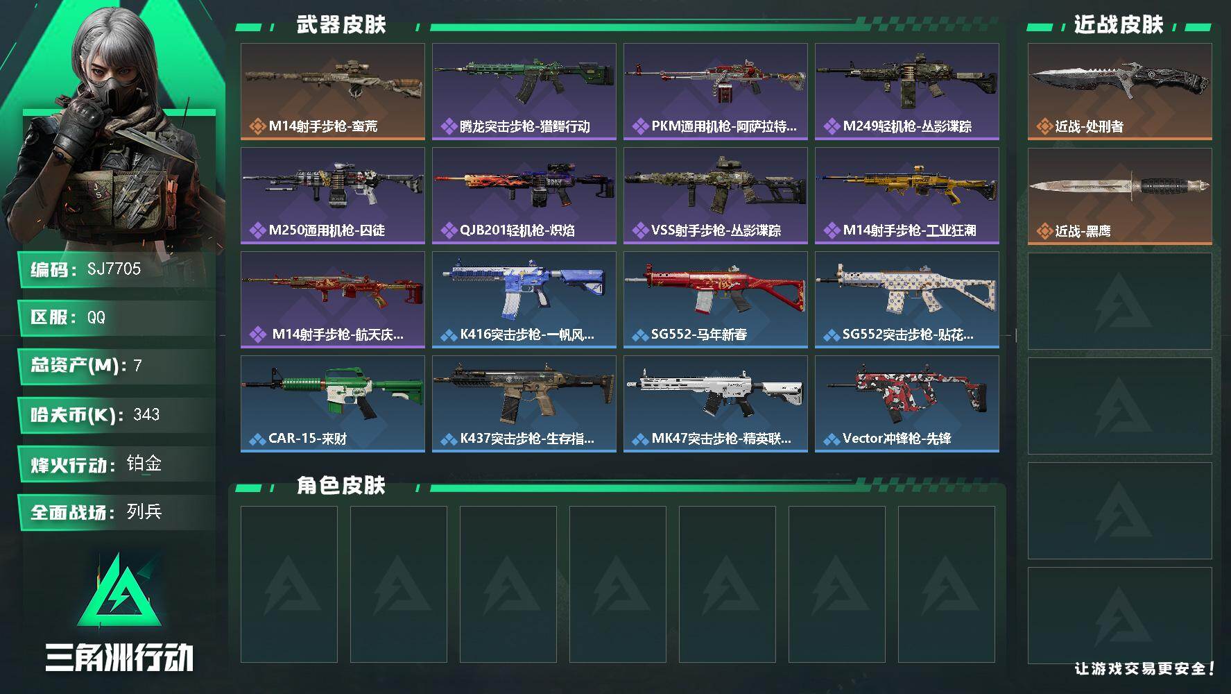 三角洲行动账号QQ【SJ7705】总资产(M)：7M/哈夫币(K)：343K/哈夫币(K)：343K/传说枪皮数：1/全面战场等级：11_段位：列兵/烽火地带等级：60_段位：铂金/近战-处刑者/近战-黑鹰/M14射