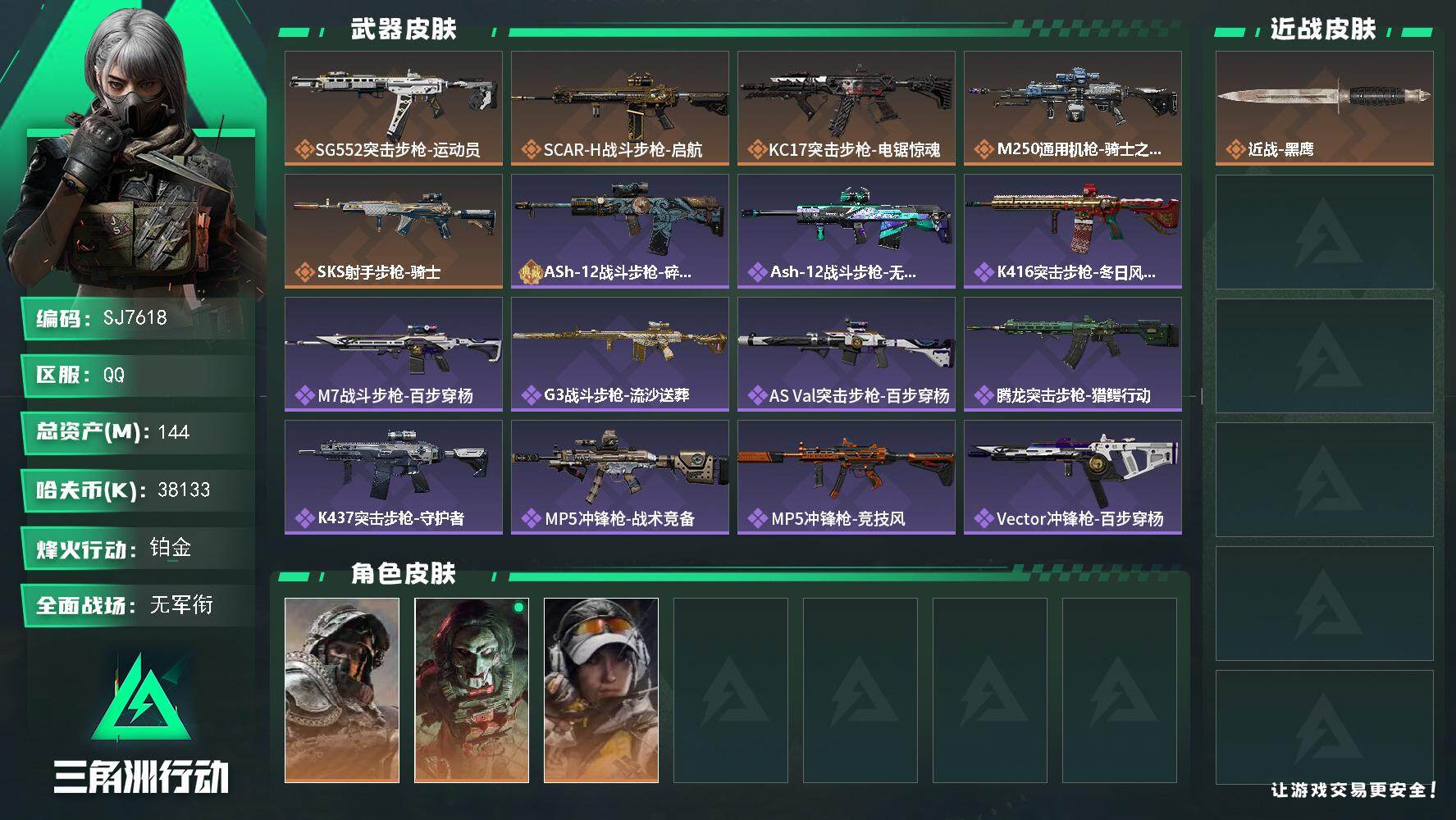 三角洲行动账号QQ【SJ7618】总资产(M)：144M/哈夫币(K)：38133K/哈夫币(K)：38133K/传说枪皮数：5/全面战场等级：1_段位：无段位/烽火地带等级：60_段位：铂金/深蓝-不破誓约/红狼-