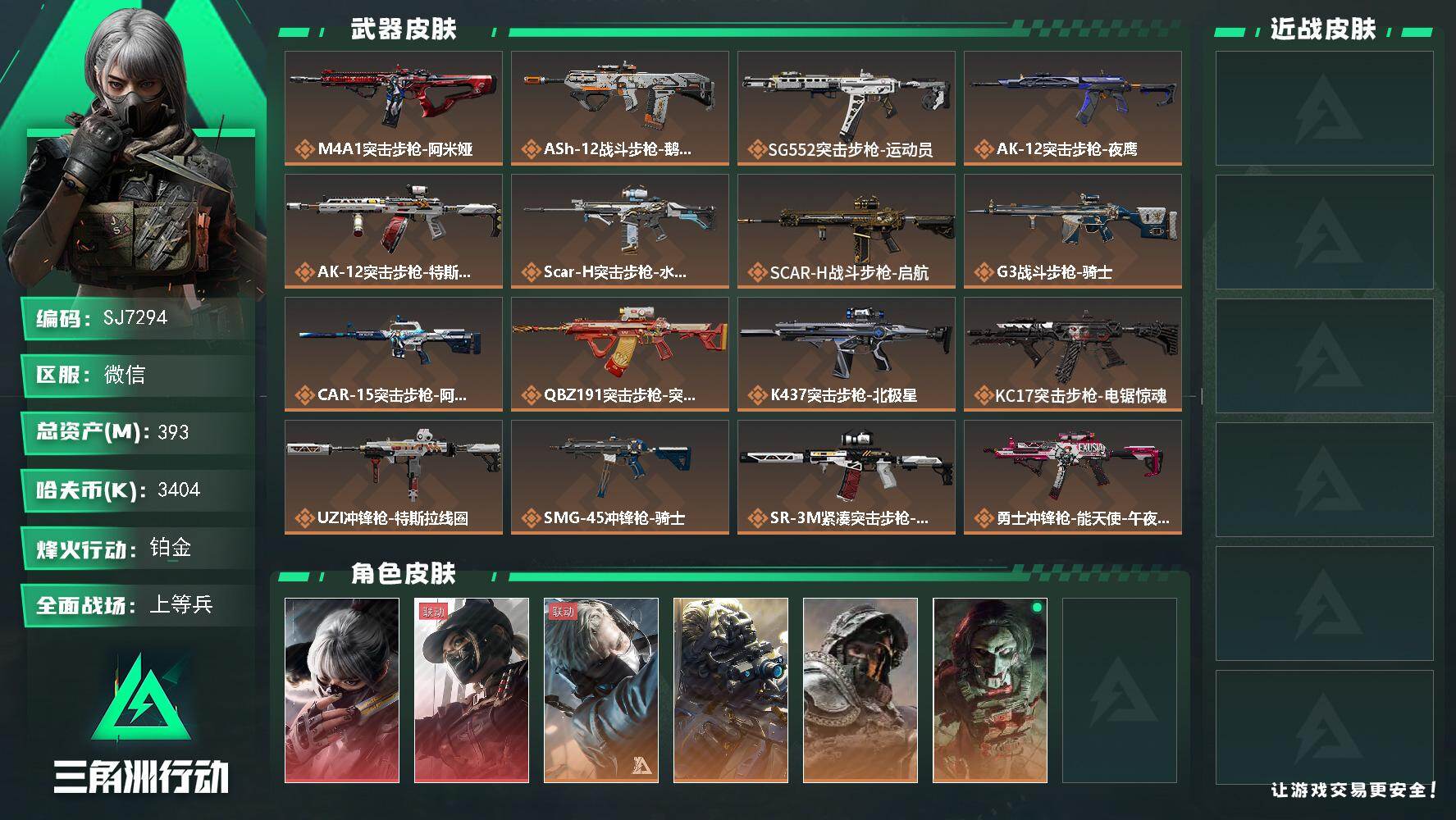 三角洲行动账号VX【SJ7294】总资产(M)：393M/哈夫币(K)：3404K/哈夫币(K)：3404K/传说枪皮