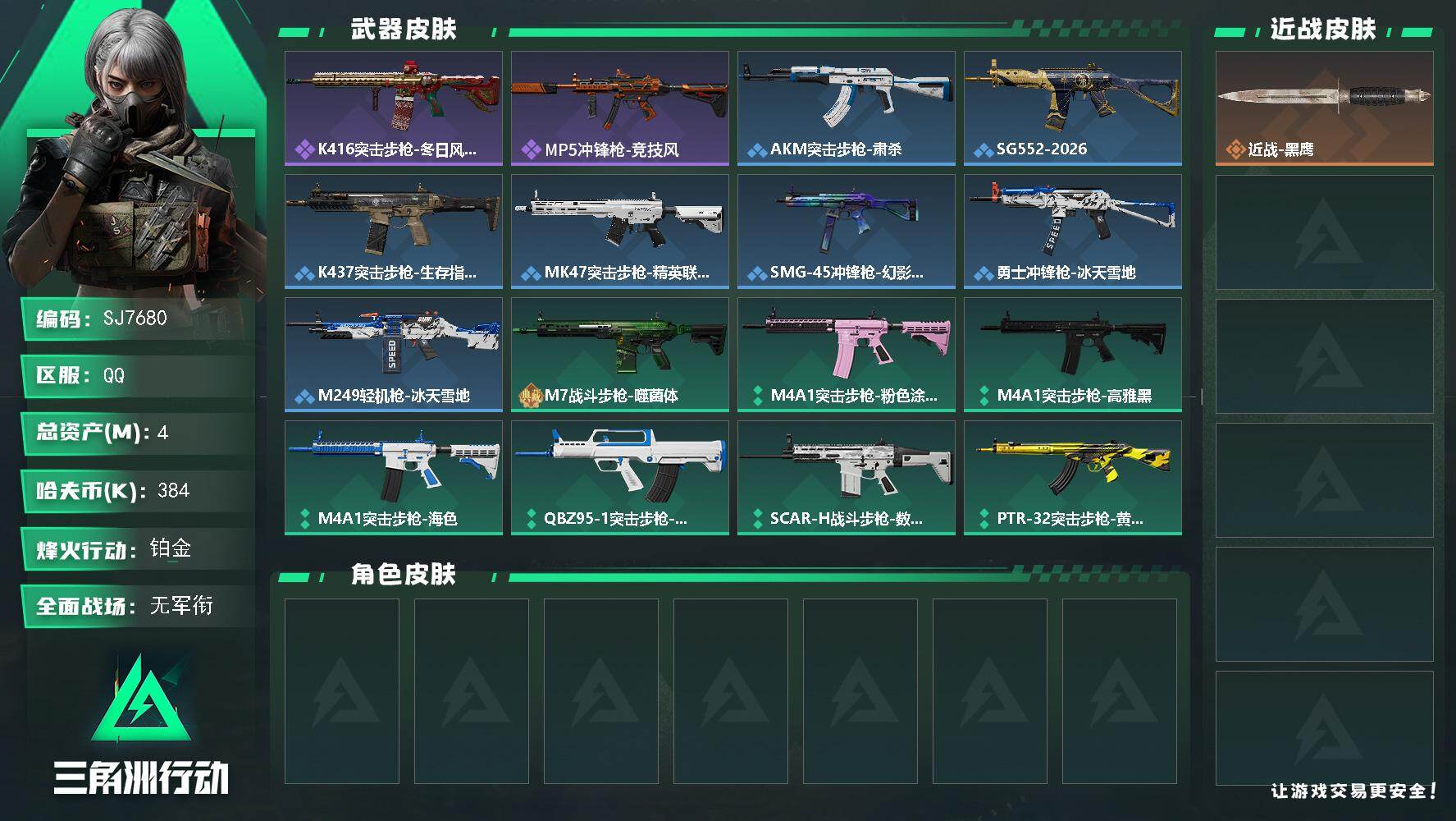 三角洲行动账号QQ【SJ7680】总资产(M)：4M/哈夫币(K)：384K/哈夫币(K)：384K/全面战场等级：1_段位：无段位/烽火地带等级：30_段位：铂金/近战-黑鹰/K416突击步枪-冬日风情/MP5冲锋