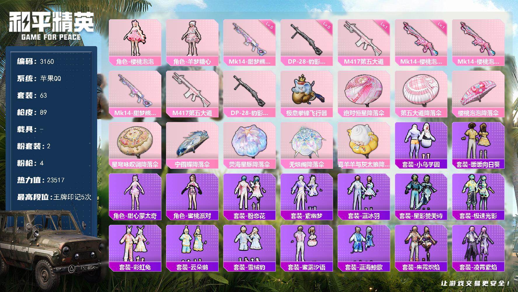 和平精英账号苹果QQ0载具-63套装-89枪皮-63套装/枪械4/装备113/战备73/王牌印记5/热力值23517/一